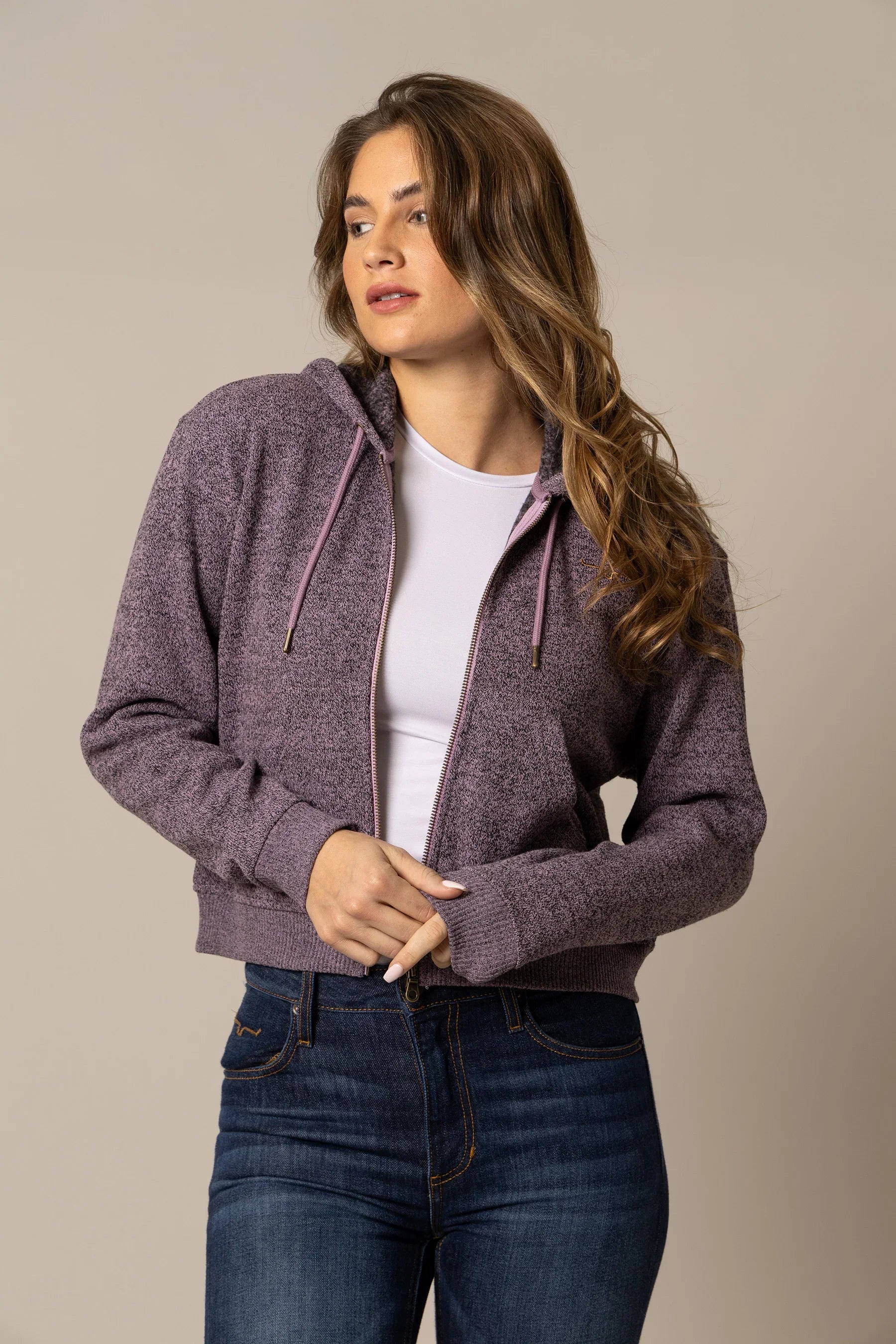 Shelly Hoodie | Cropped Heather Zip-Up with Drawstring | Kimes Ranch