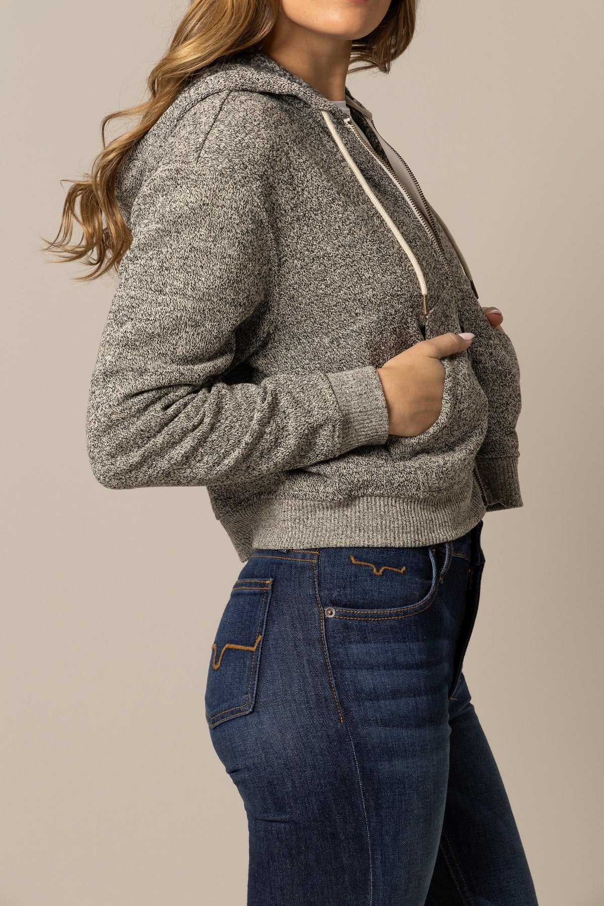 Shelly Hoodie | Cropped Heather Zip-Up with Drawstring | Kimes Ranch