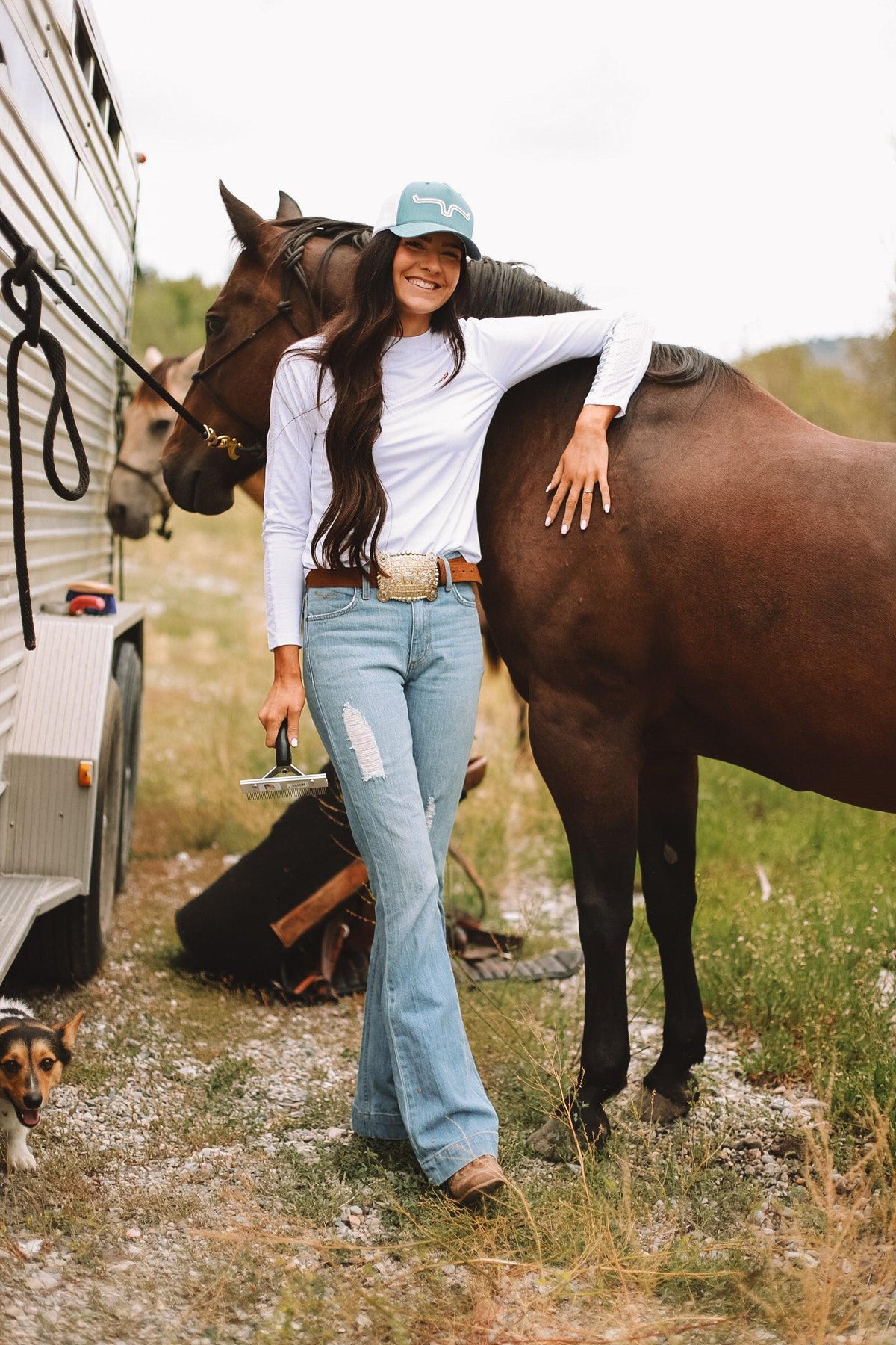 Kimes Ranch Jennifer Dark Wash jeans in fade, featuring a distressed knee and flared leg