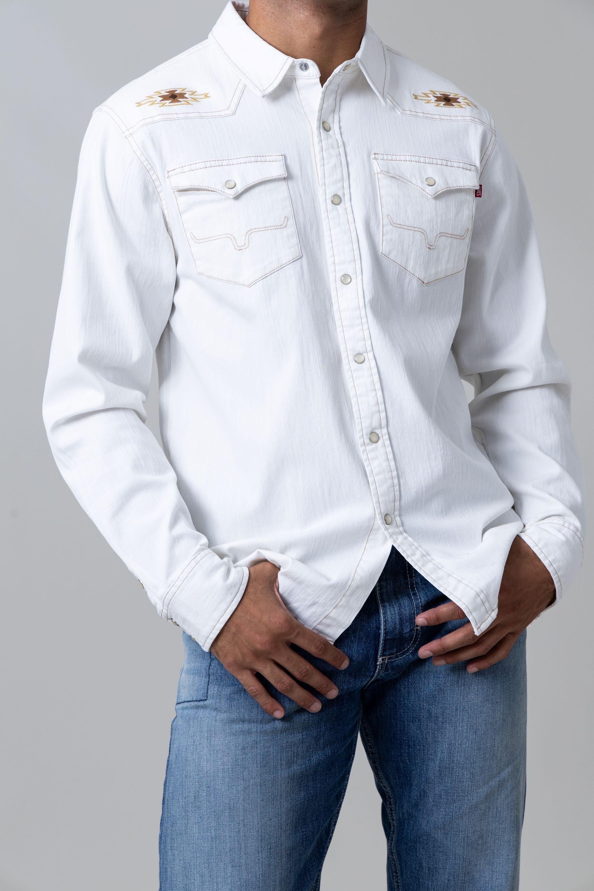 Kimes Ranch Men's Durango Denim Embroidered Long Sleeve Pearl Snap Wes Kimes Ranch Men's Durango Denim Embroidered Long Sleeve Pearl Snap Wes