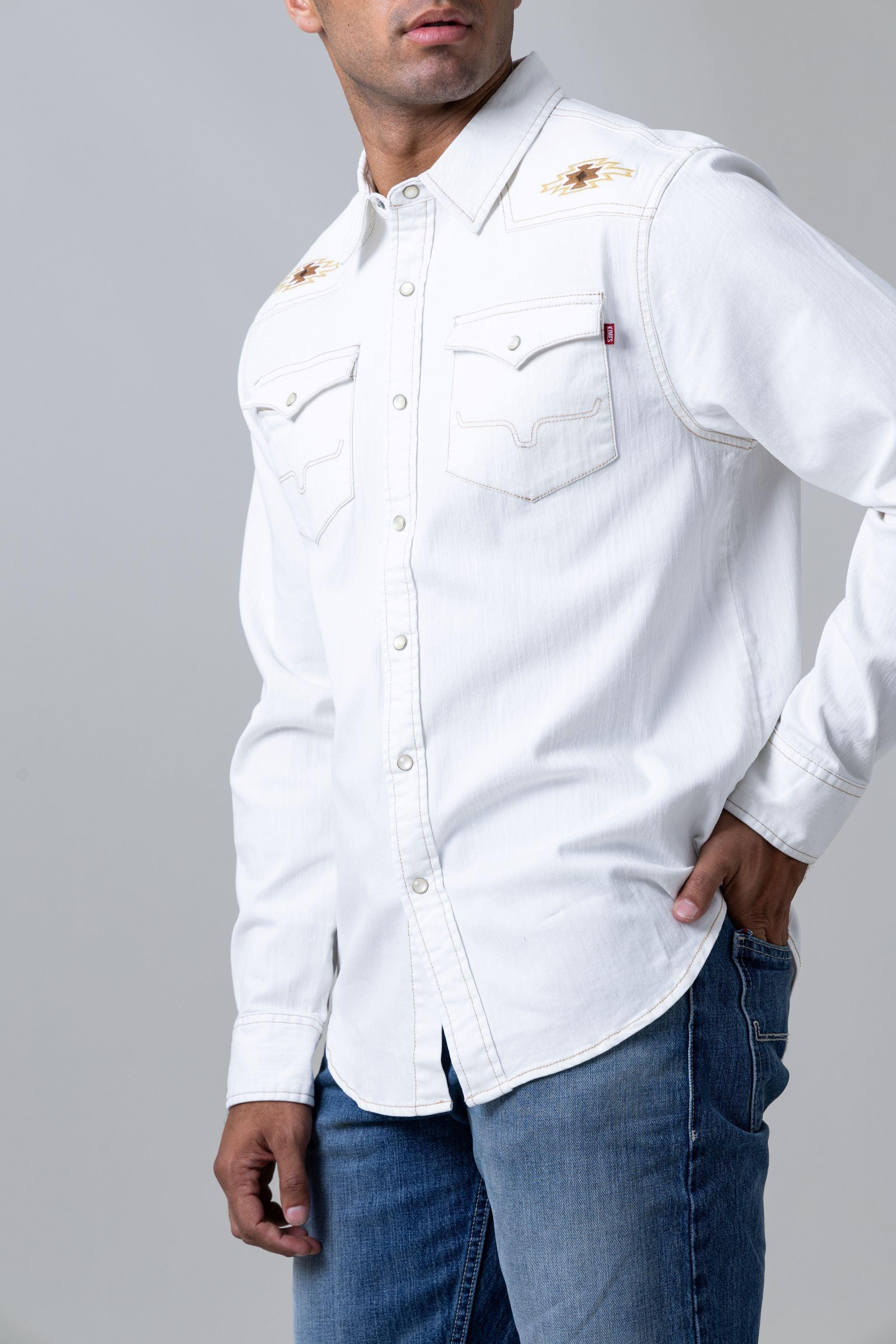 Kimes Ranch Men's Durango Denim Embroidered Long Sleeve Pearl Snap Wes Kimes Ranch Men's Durango Denim Embroidered Long Sleeve Pearl Snap Wes