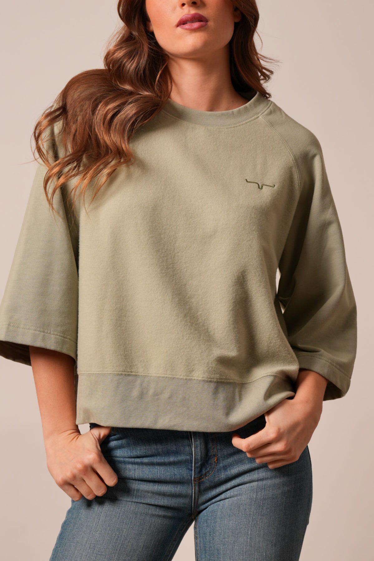 Kimes Ranch Addy sweatshirt in Sage with wide sleeves and a chest logo