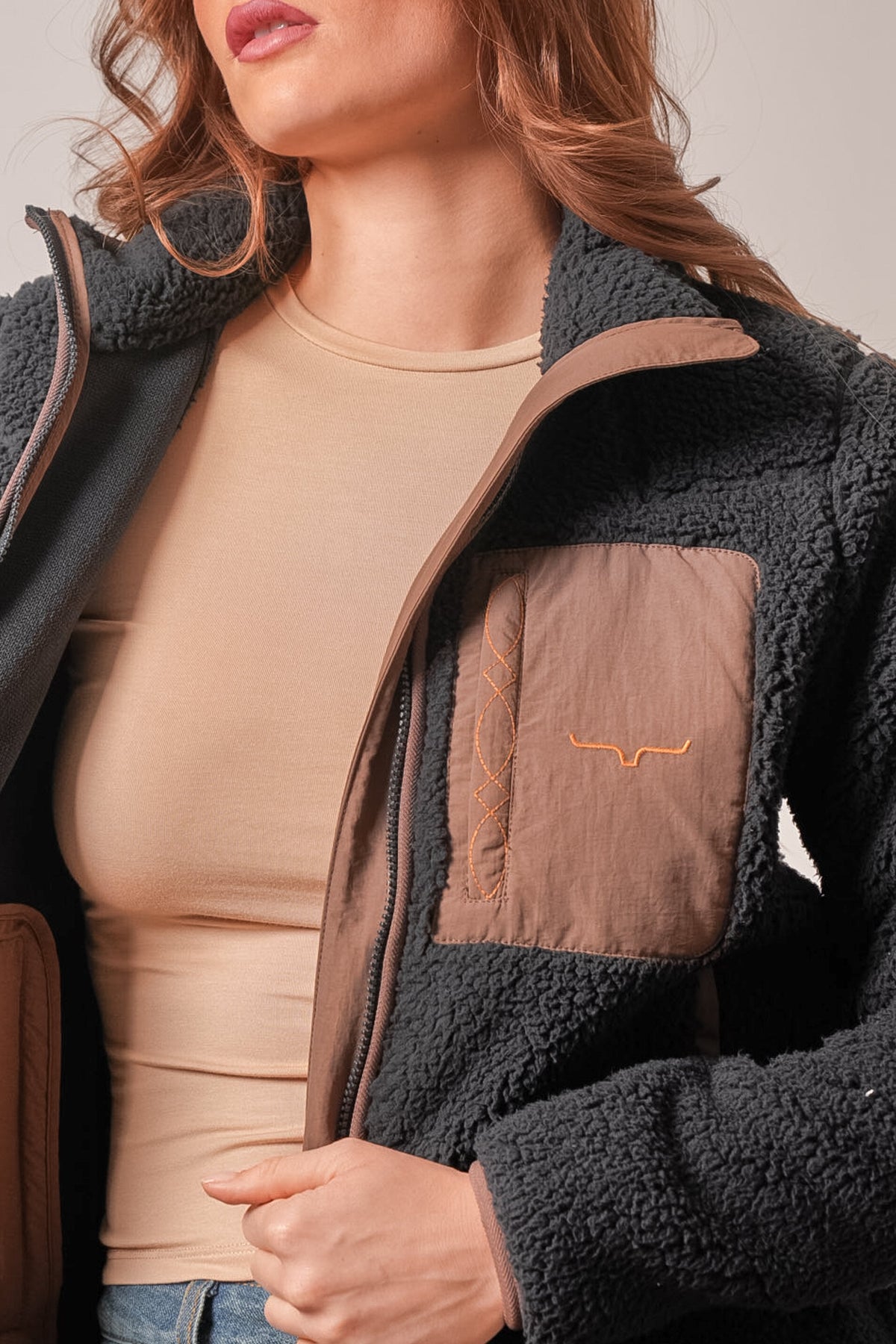 Kimes Ranch Arlee black sherpa sweatshirt with brown zip trim and embroidered chest pocket logo
