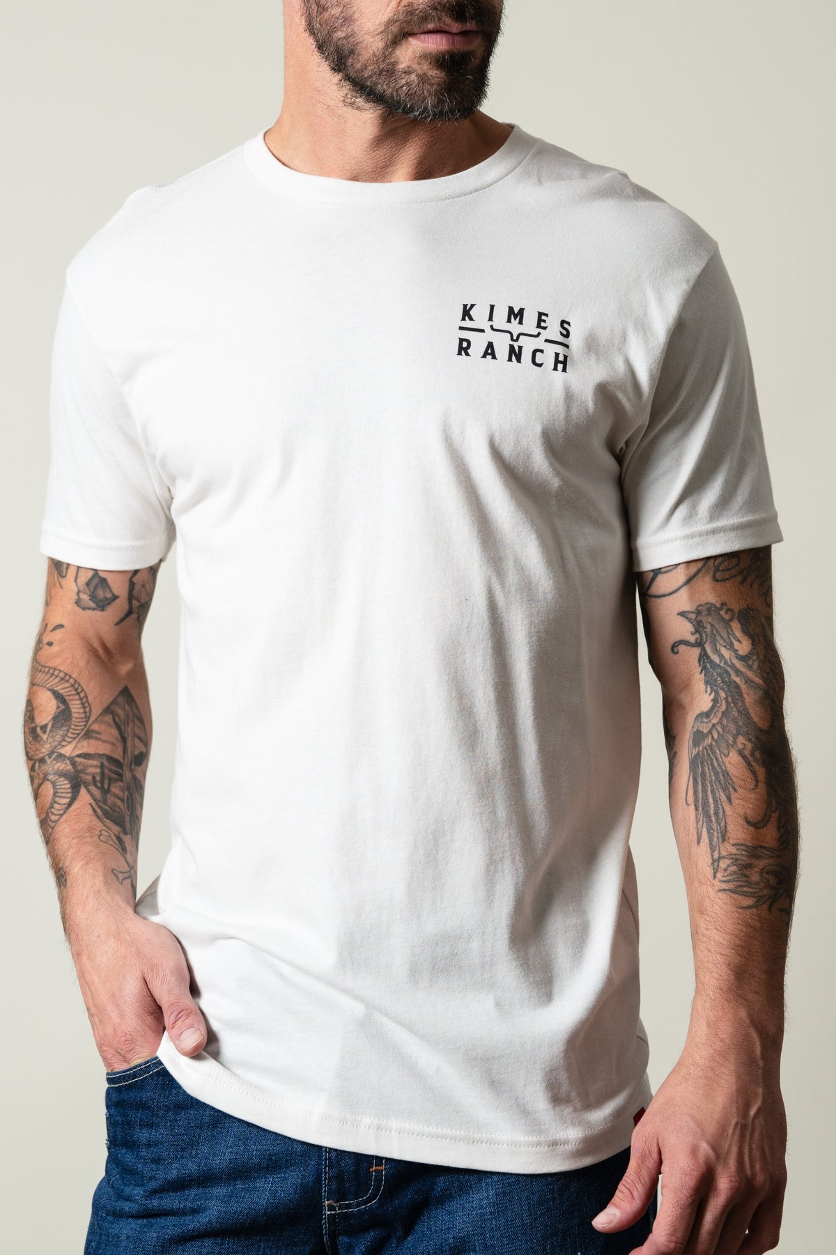 Kimes Ranch Back Branded t-shirt in bone white with black Kimes Ranch logo on the chest; #color_bone