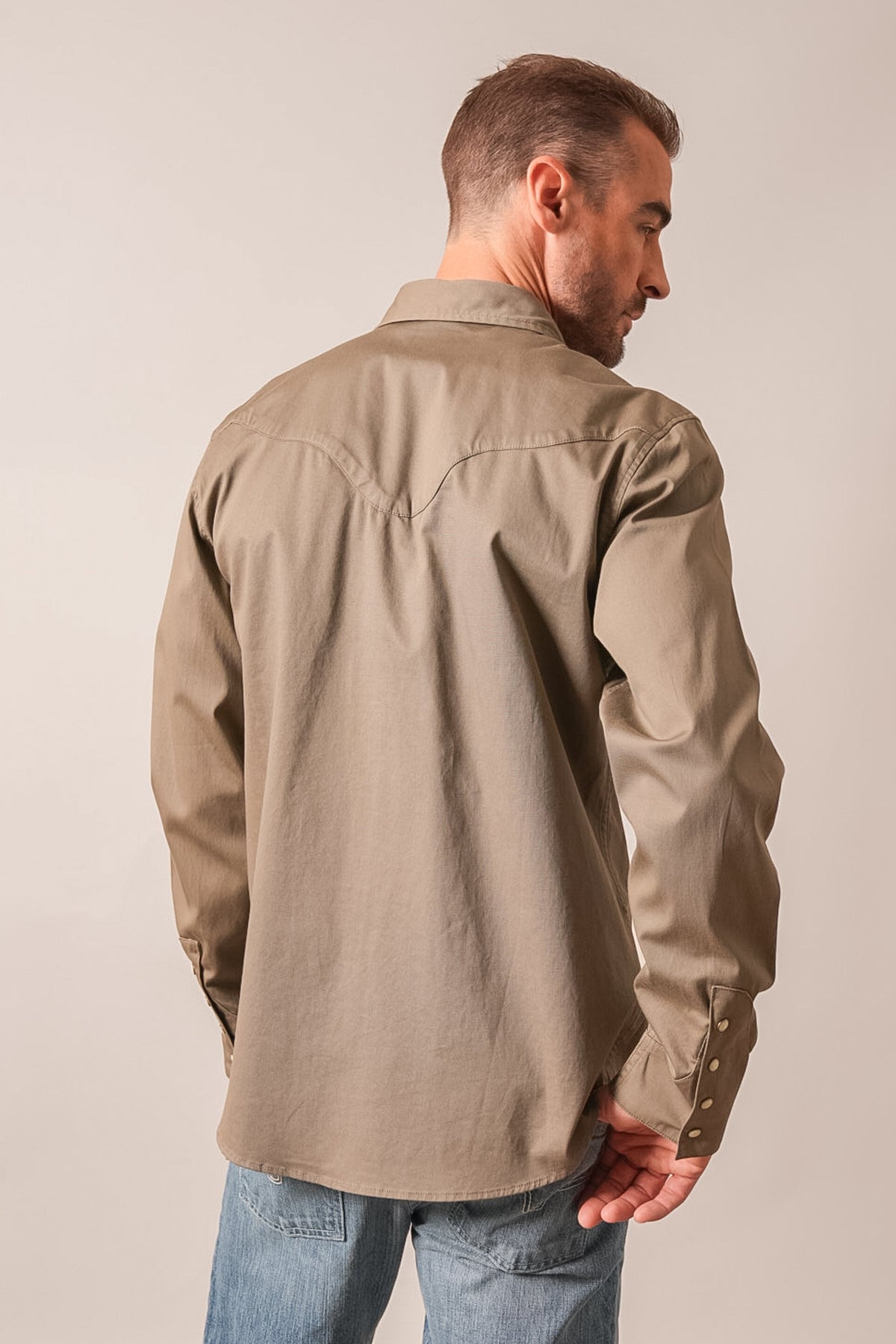 Kimes Ranch Baffert dress shirt, long sleeves, back view, Army Green, western yoke detail