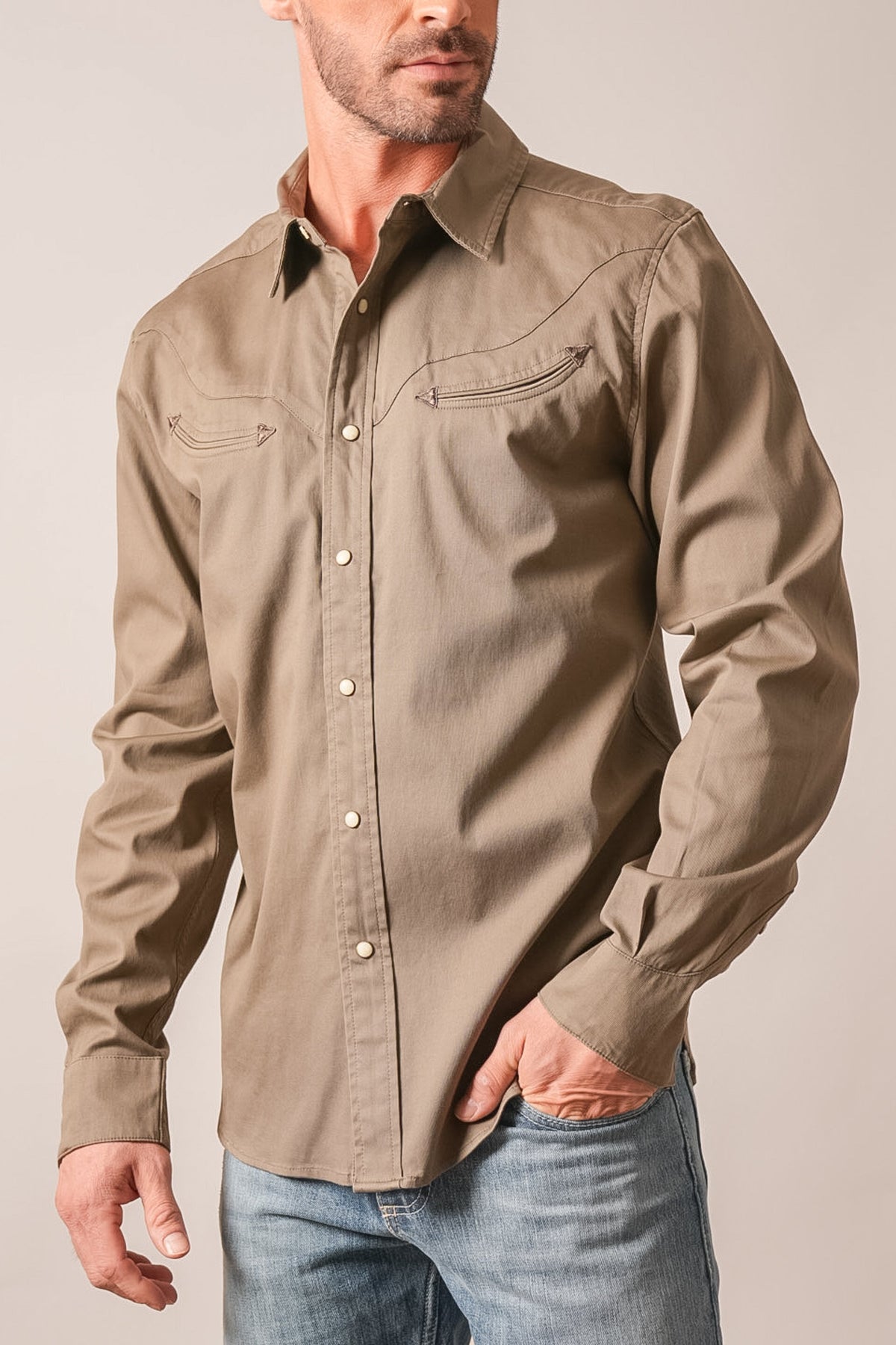 Kimes Ranch Baffert long-sleeve western shirt in Army Green with pointed pockets and contrast stitching