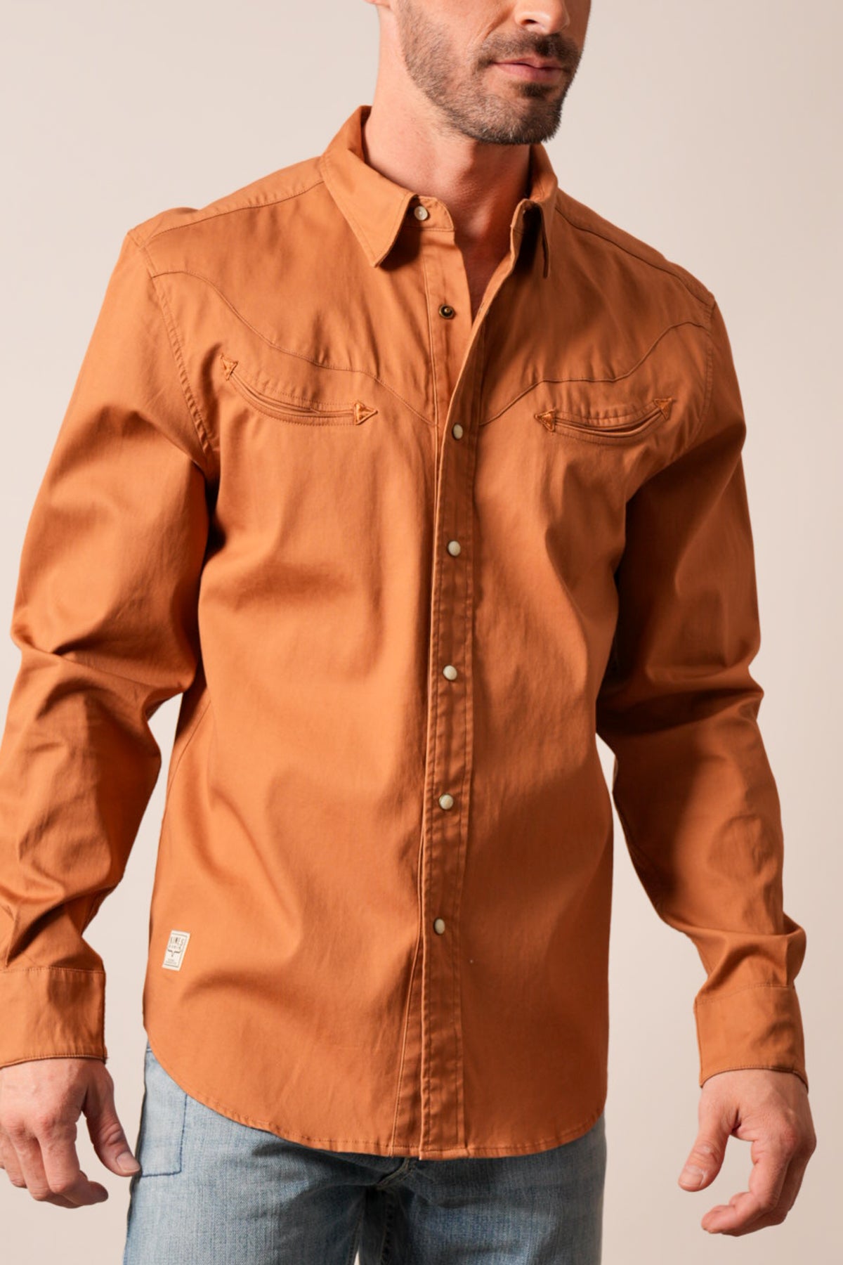 Kimes Ranch Baffert long sleeve dress shirt in Work Wear Brown with contrast stitching and two chest pockets