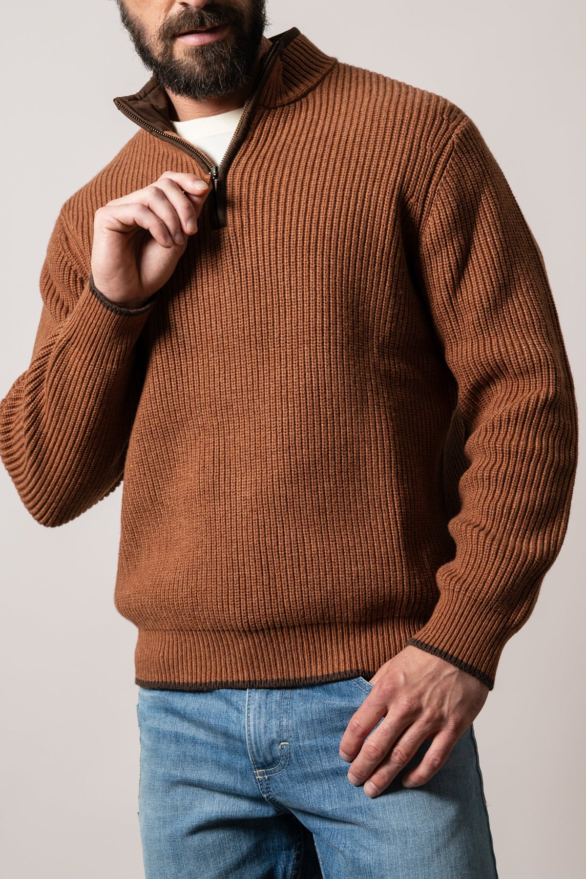 Kimes Ranch Barton sweatshirt in brown, featuring a ribbed texture, long sleeves, a quarter-zip collar, and a dark hem