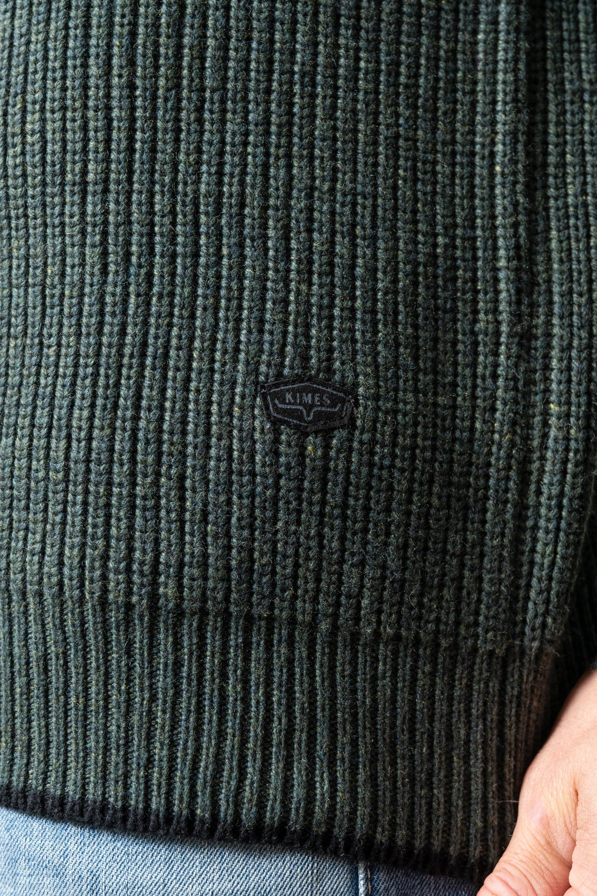 Kimes Ranch Barton sweatshirt in Green with a ribbed texture and embroidered Kimes Ranch logo on the sleeve