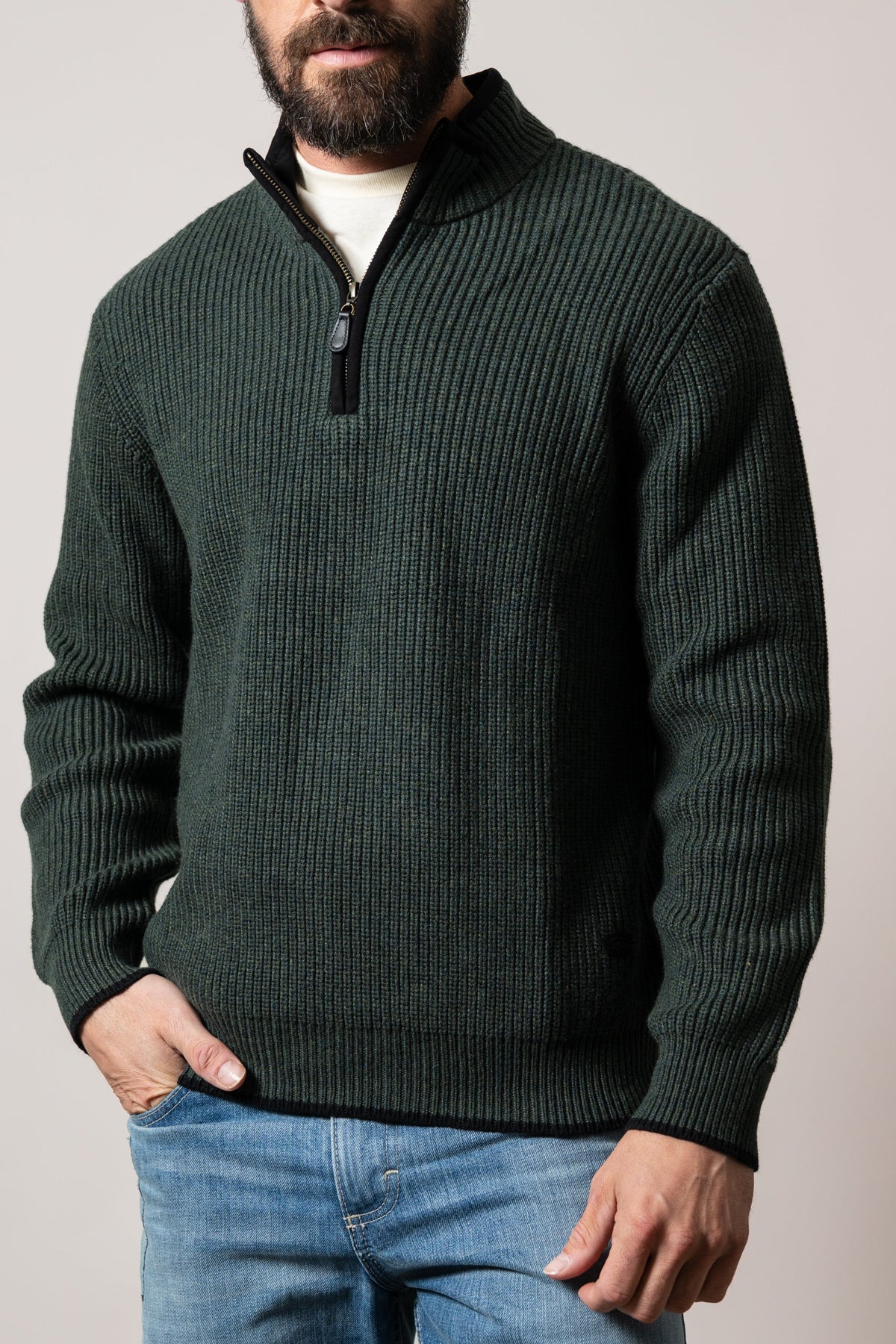 Kimes Ranch Barton green long sleeve rib knit quarter zip sweatshirt with black trim
