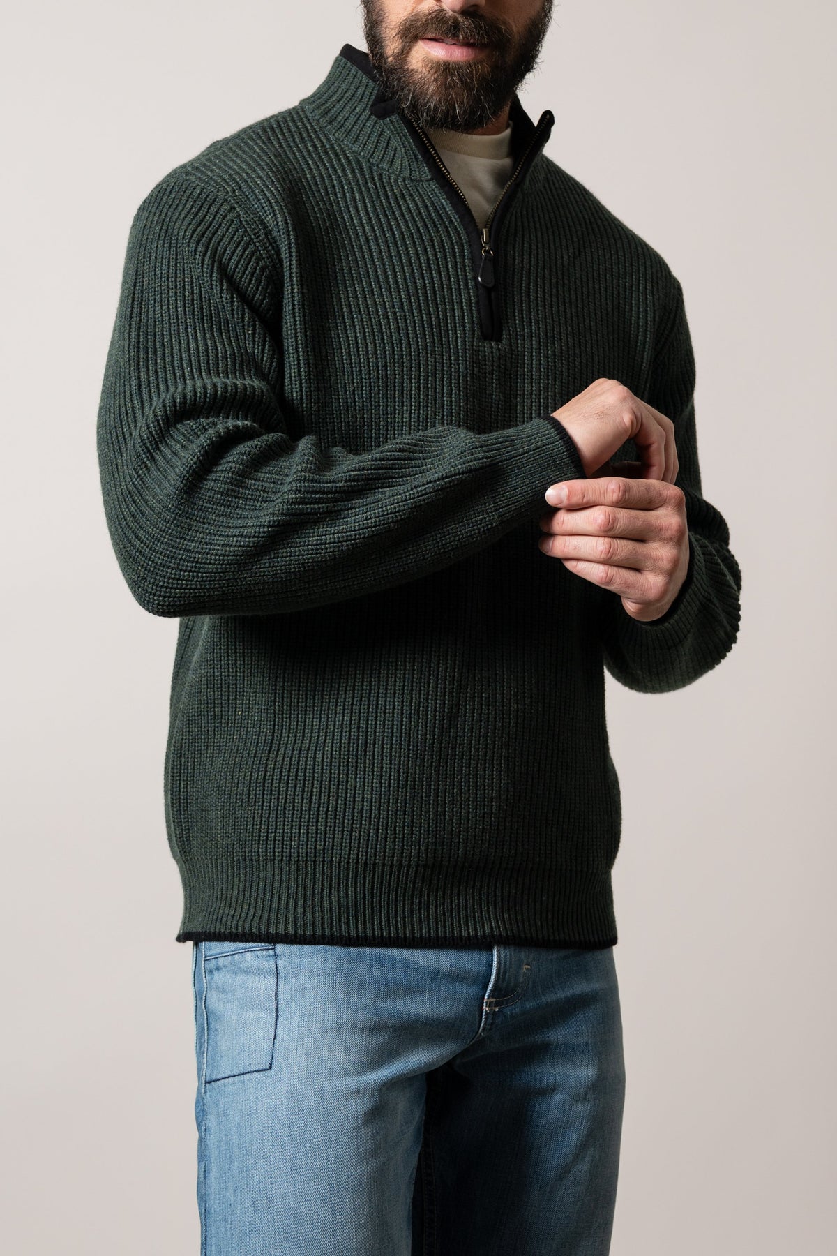 Kimes Ranch Barton sweatshirt in Green with ribbed knit texture, quarter-zip collar, and long sleeves