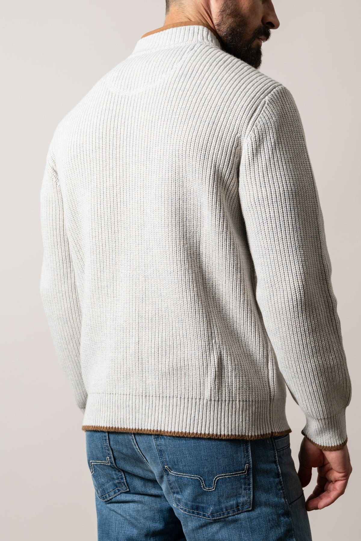 Kimes Ranch Barton sweatshirt in Natural, ribbed knit back, long sleeves, brown trim at hem and cuffs