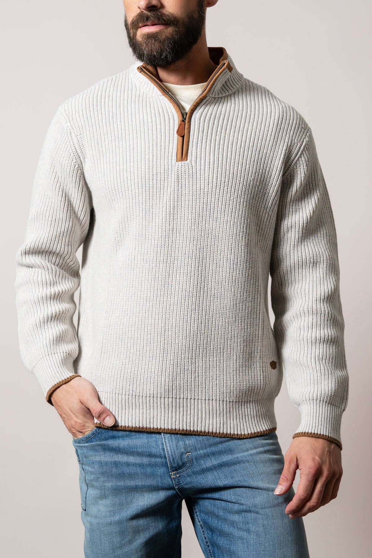 Kimes Ranch Barton sweatshirt in Natural with ribbed knit, long sleeves, half-zip collar, and contrasting trim