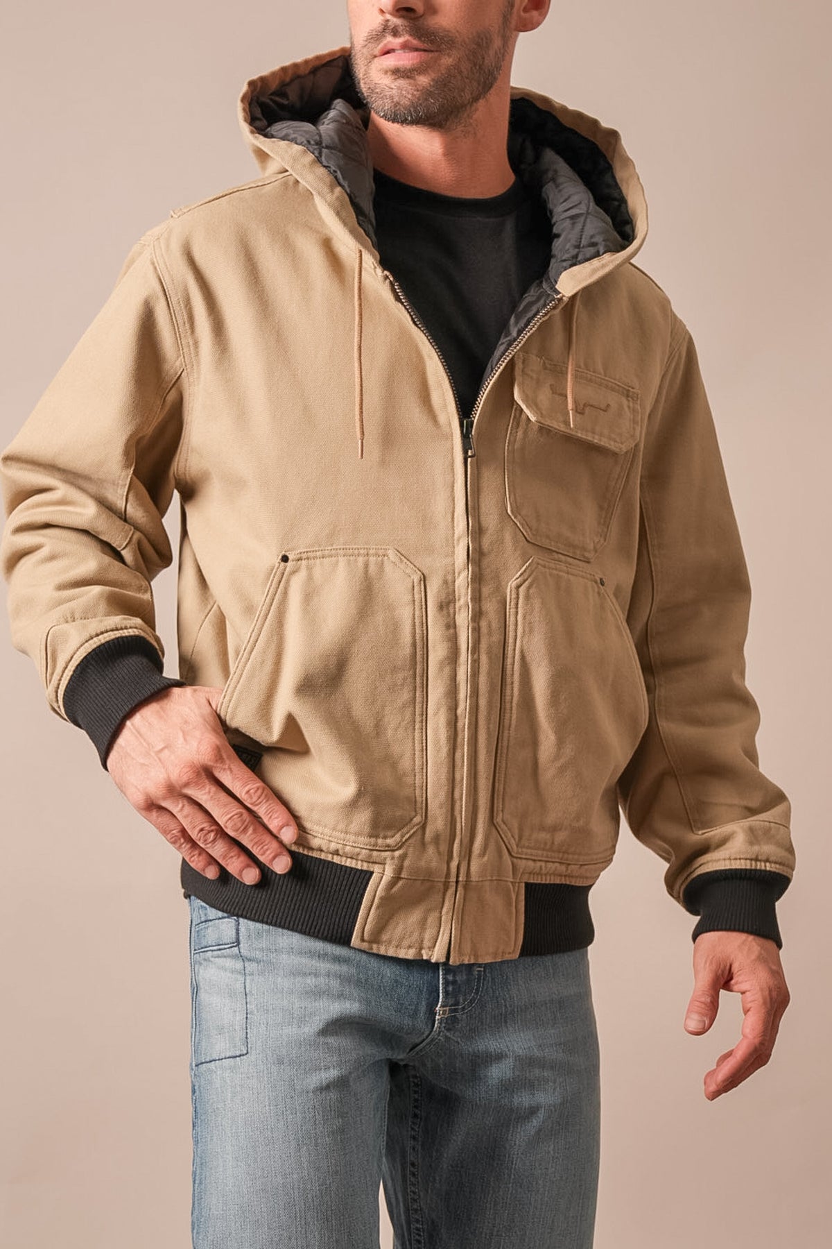 Kimes Ranch Bennett jacket in taupe with front zip, hood, drawstrings, and multiple pockets