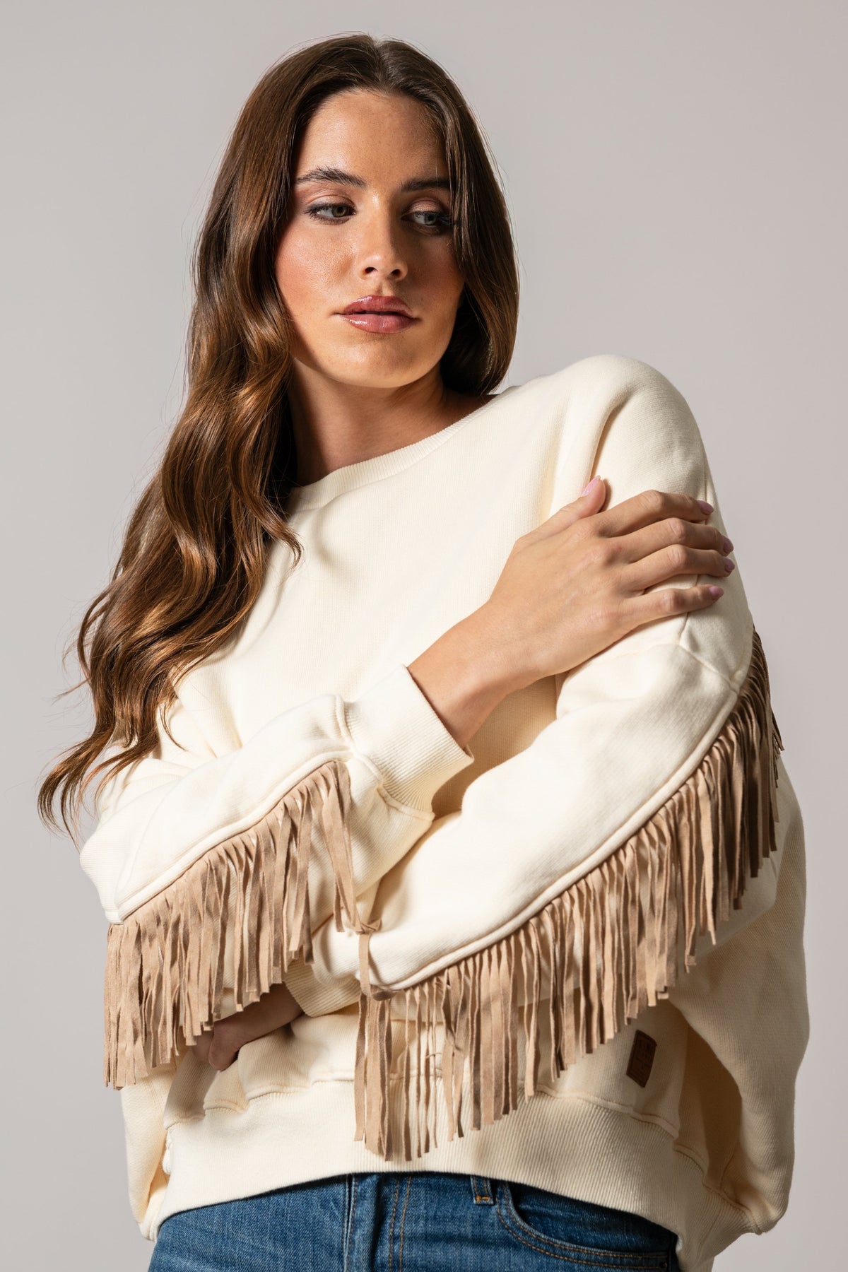 Kimes Ranch Bobby sweatshirt, Natural with tan suede fringe along hem and sleeves, front view