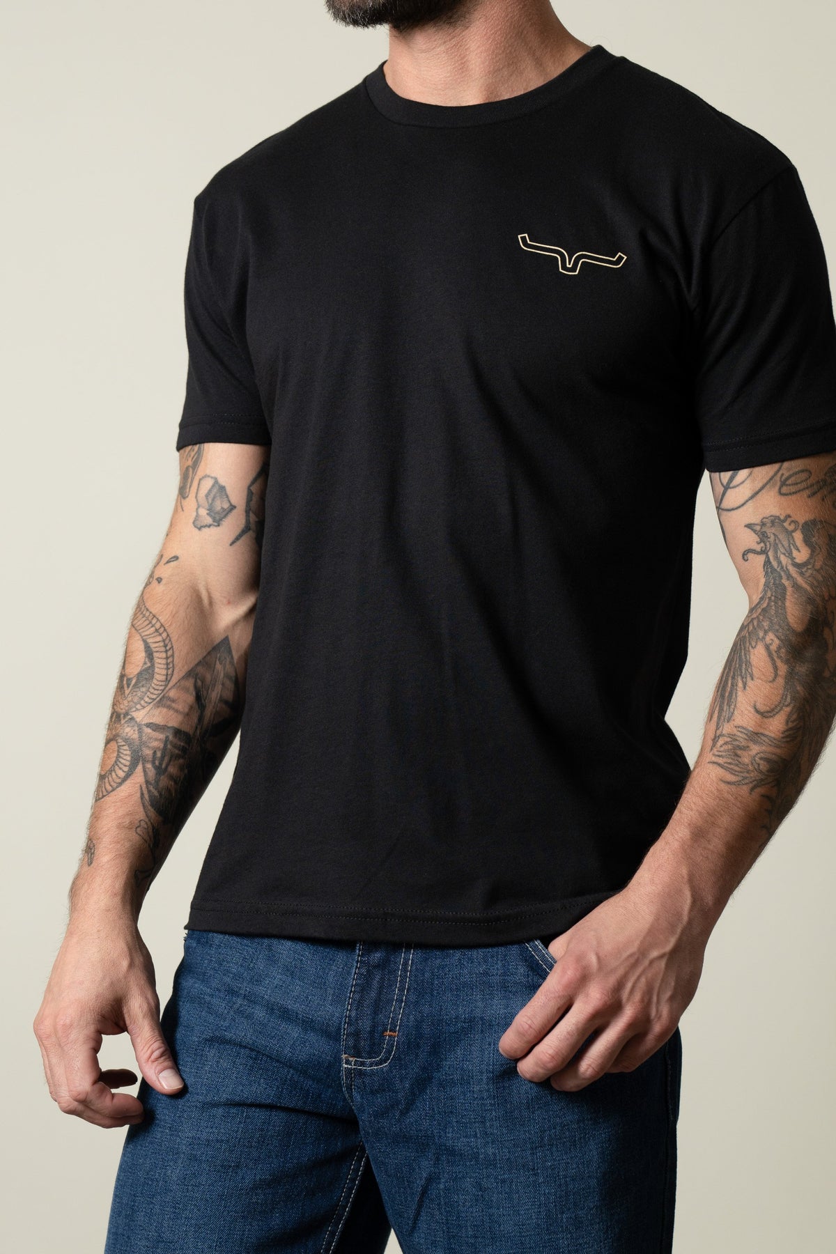 Kimes Ranch Camo Back black crew neck t-shirt with short sleeves and embroidered logo on chest; #color_black