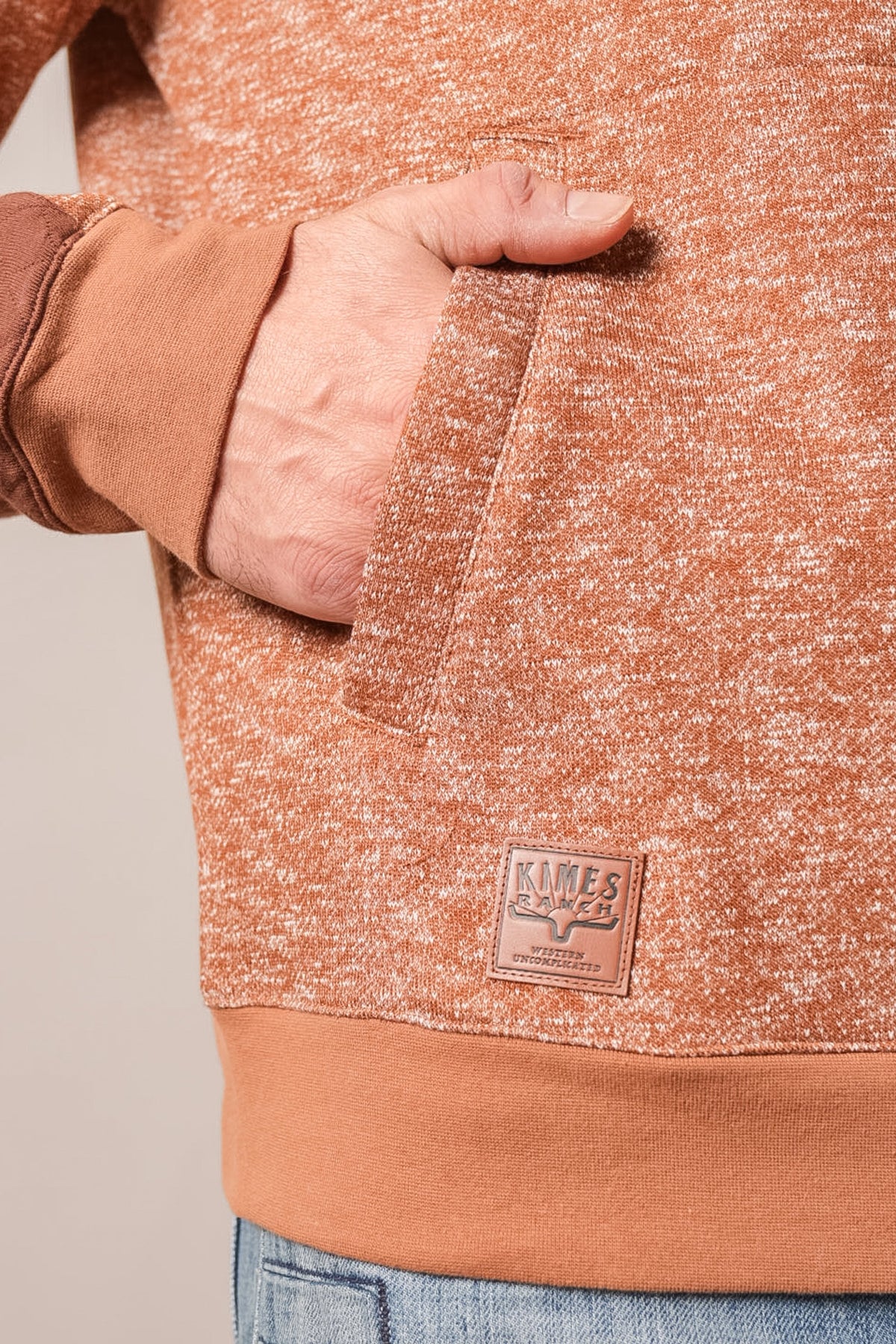 Kimes Ranch Canfield sweatshirt, brown heather detail, hand in front pocket, leather logo patch