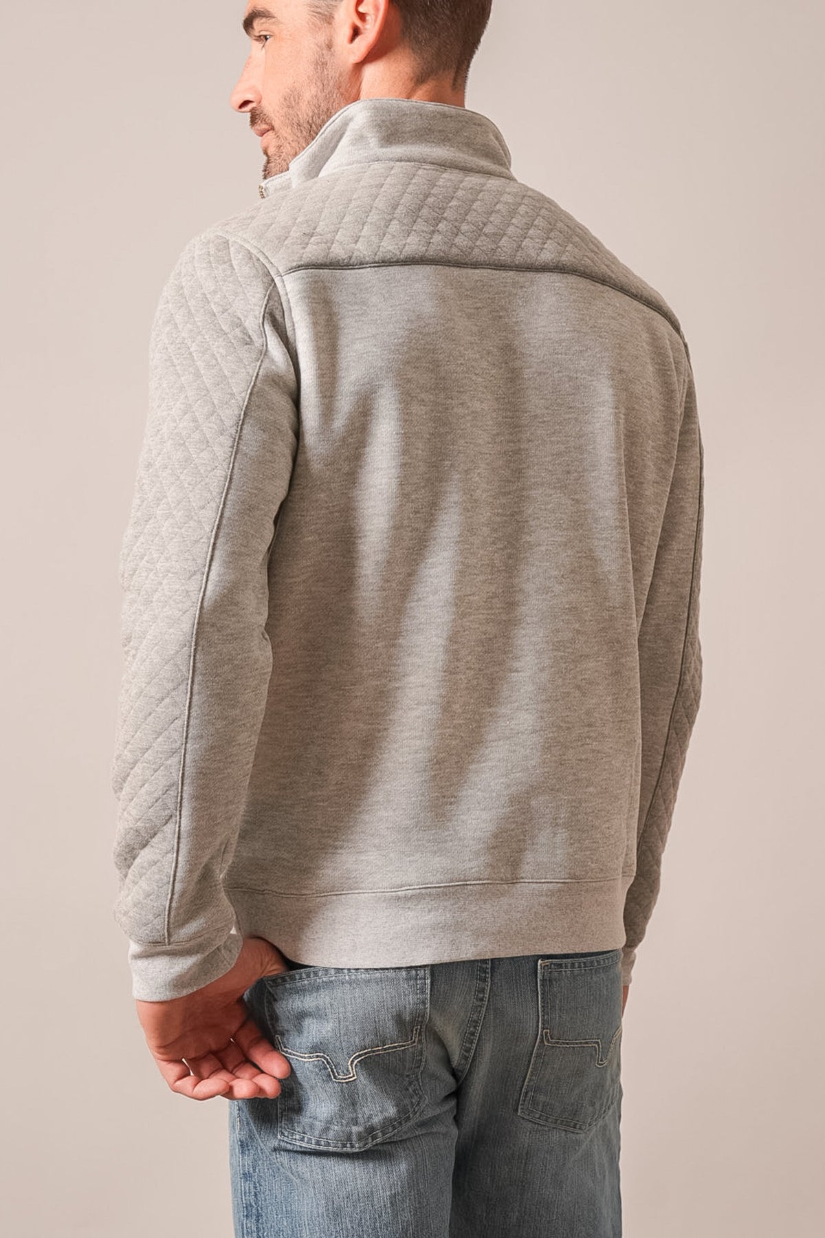 Kimes Ranch Canfield sweatshirt, grey heather, back view showing quilted shoulder yoke and long sleeves