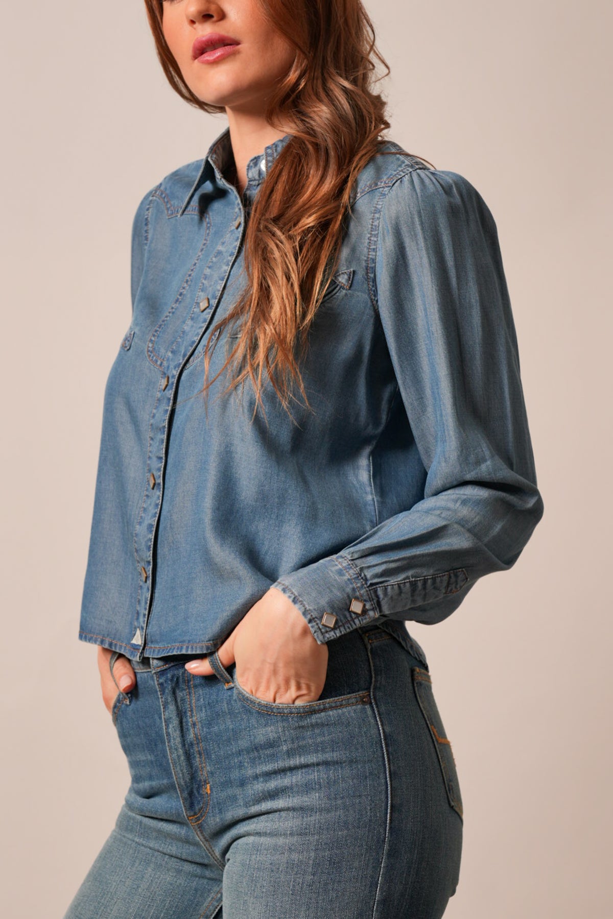 Kimes Ranch Cece top in Indigo, long-sleeve, snap-cuff, Western yoke stitching