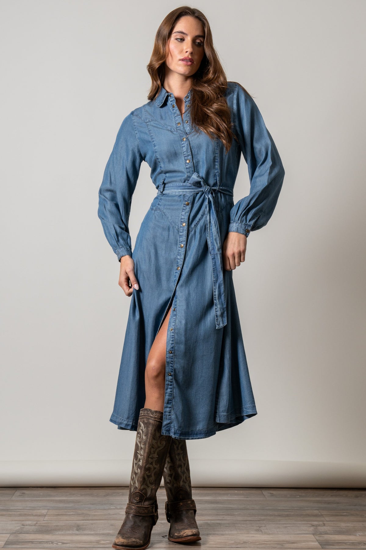 Kimes Ranch Channy indigo skirt with a button-down front, wrap tie waist, and a front slit detail