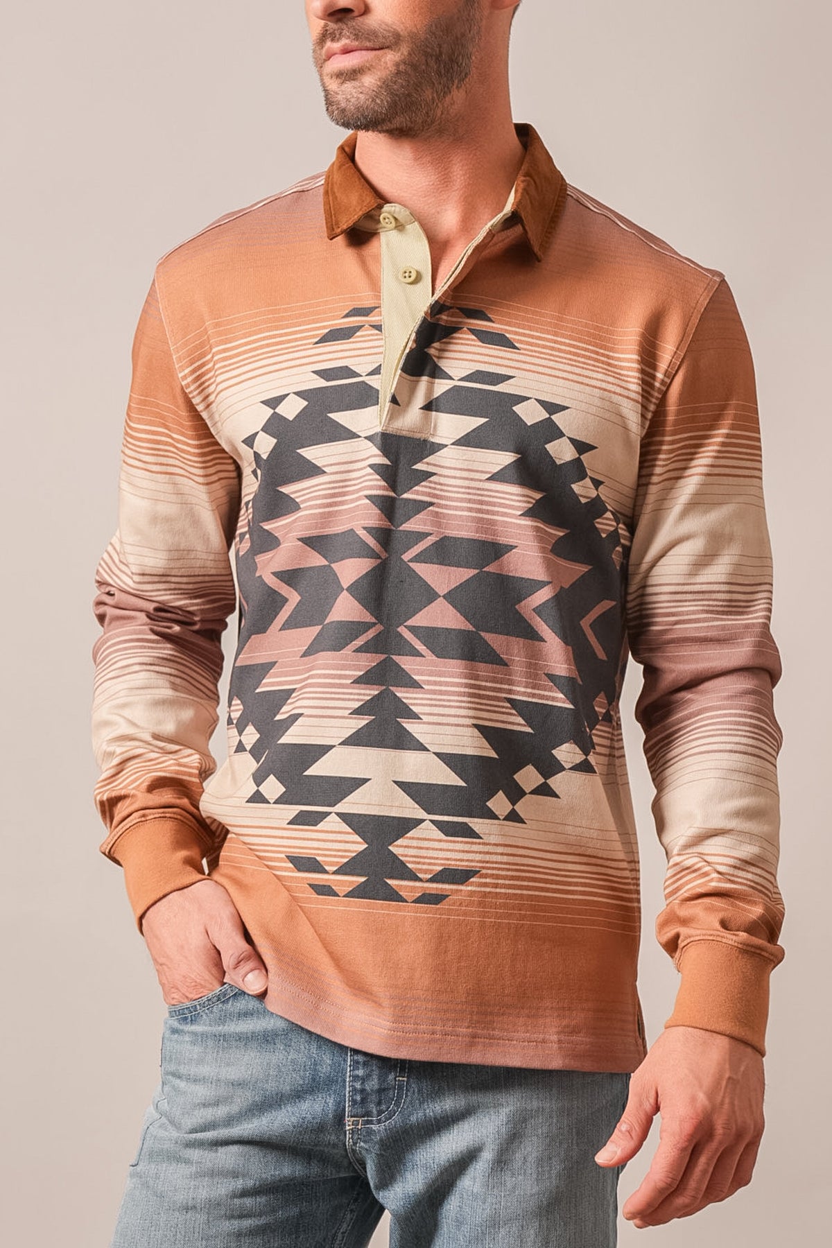Kimes Ranch Clifton brown polo with geometric print, long sleeves, button placket and contrasting collar