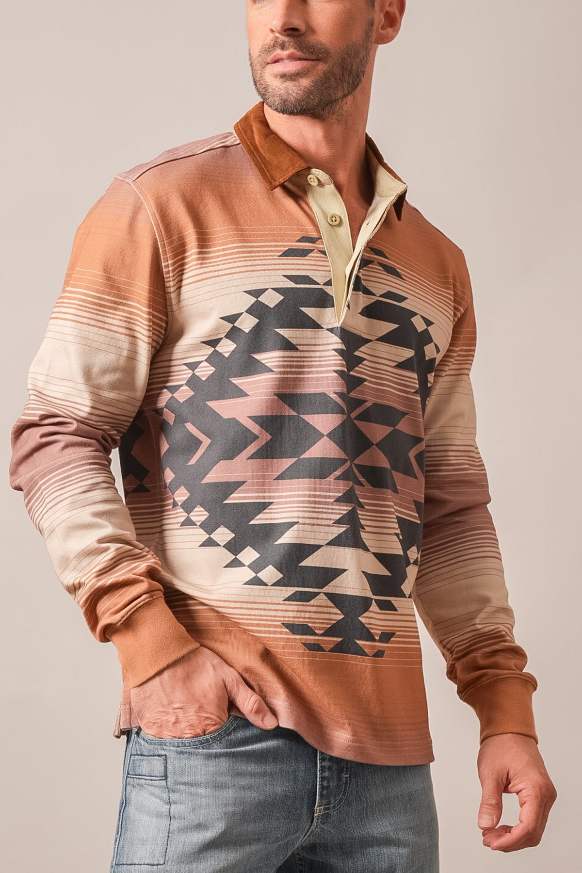 Kimes Ranch Clifton polo, brown long sleeve with geometric tribal print, buttoned placket