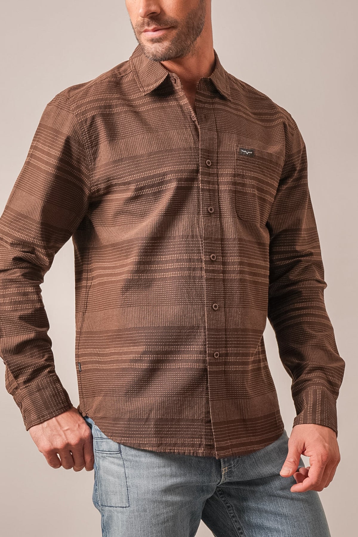 Kimes Ranch Dash Espresso long sleeve button up shirt with dotted stripes and chest pocket