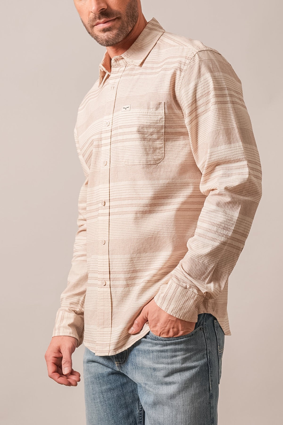 Kimes Ranch Dash long sleeve button-up shirt, Natural, with striped pattern, collar, and chest pocket