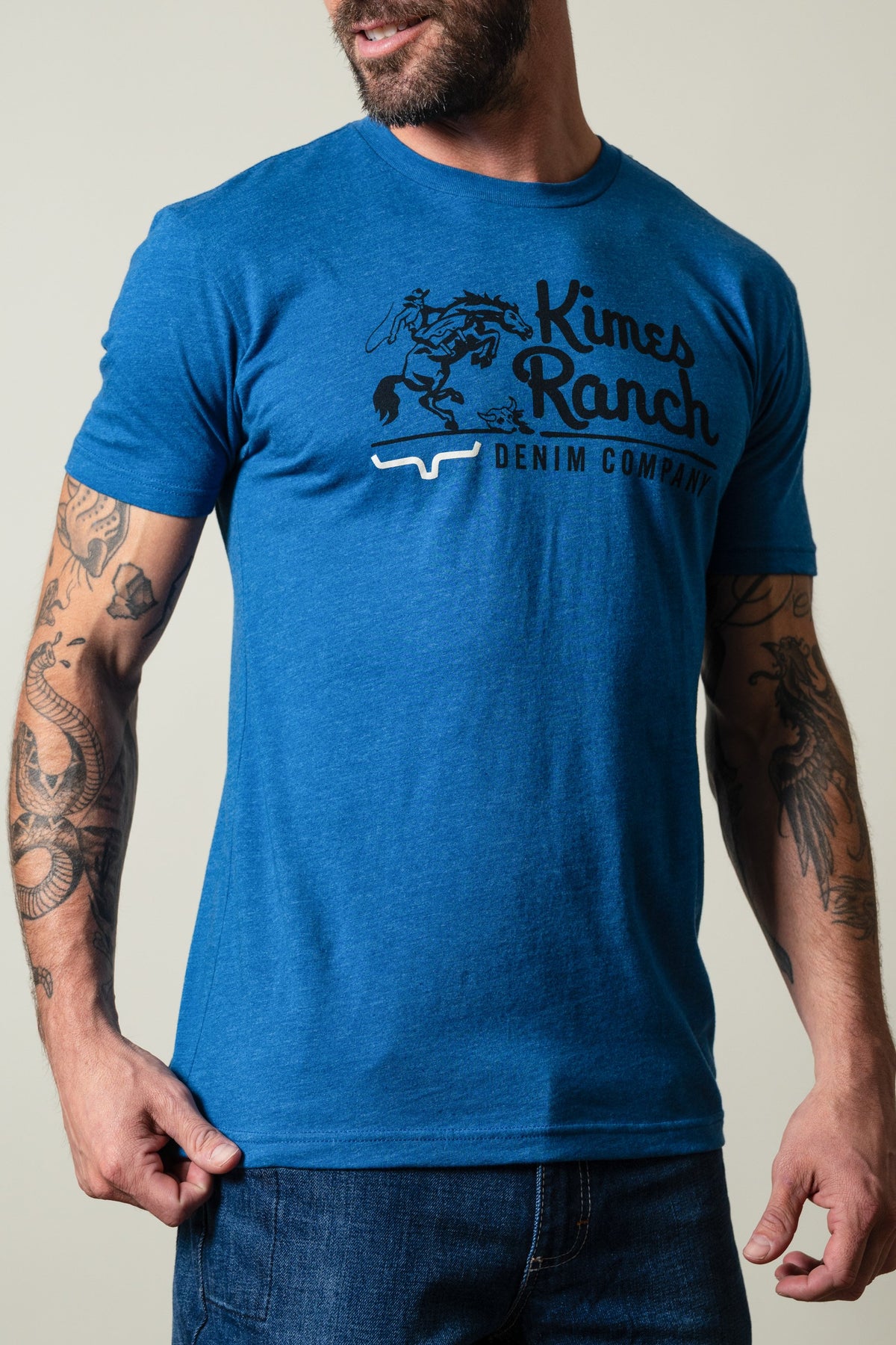Kimes Ranch Davona Dale Heather Cool Blue short sleeve crewneck t-shirt with logo graphic; #color_heather cool blue