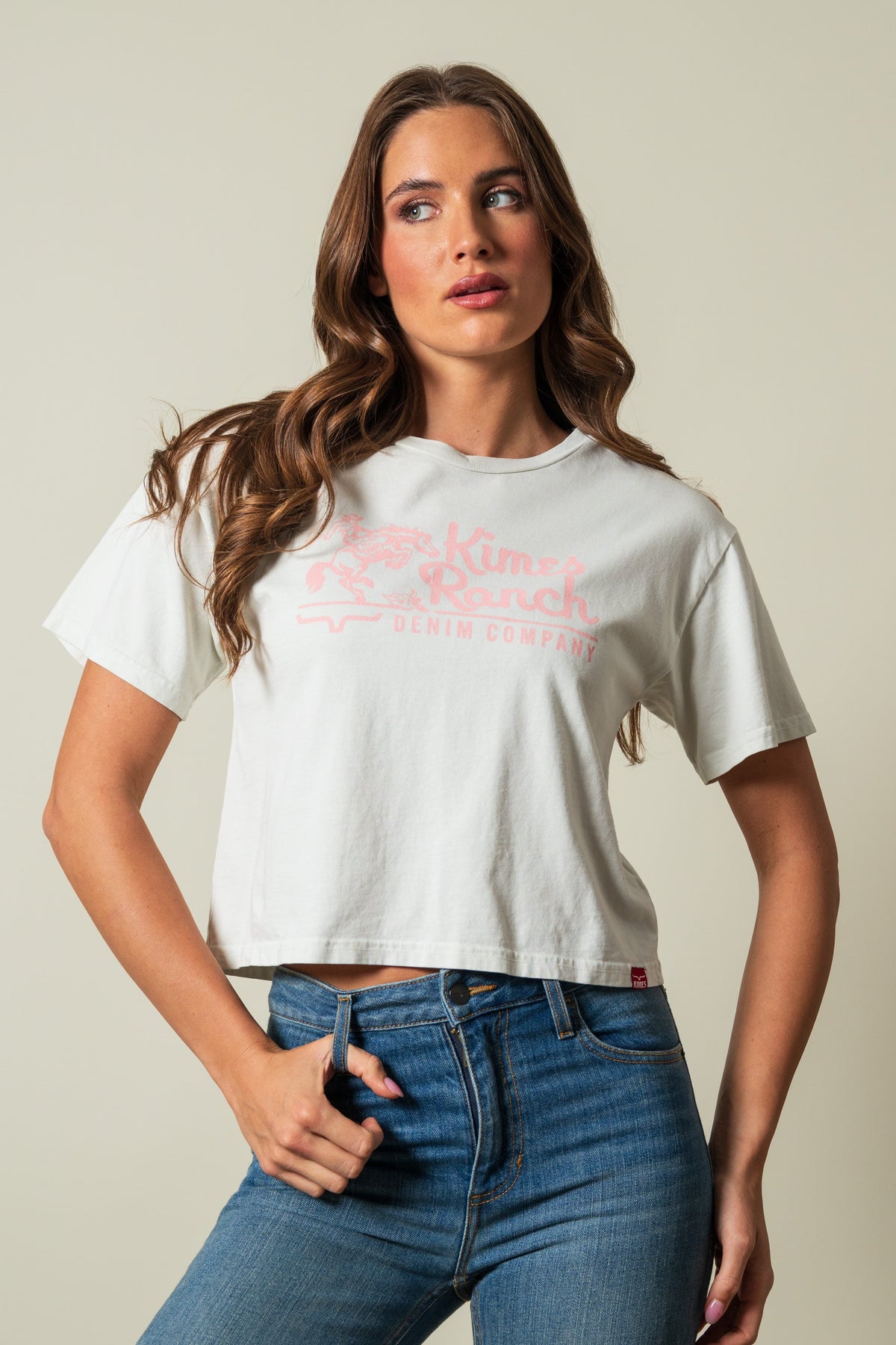 Kimes Ranch Davona Dale shirt, Natural color, short-sleeve, crewneck, pink graphic, 'Kimes Ranch DENIM COMPANY'; #color_natural