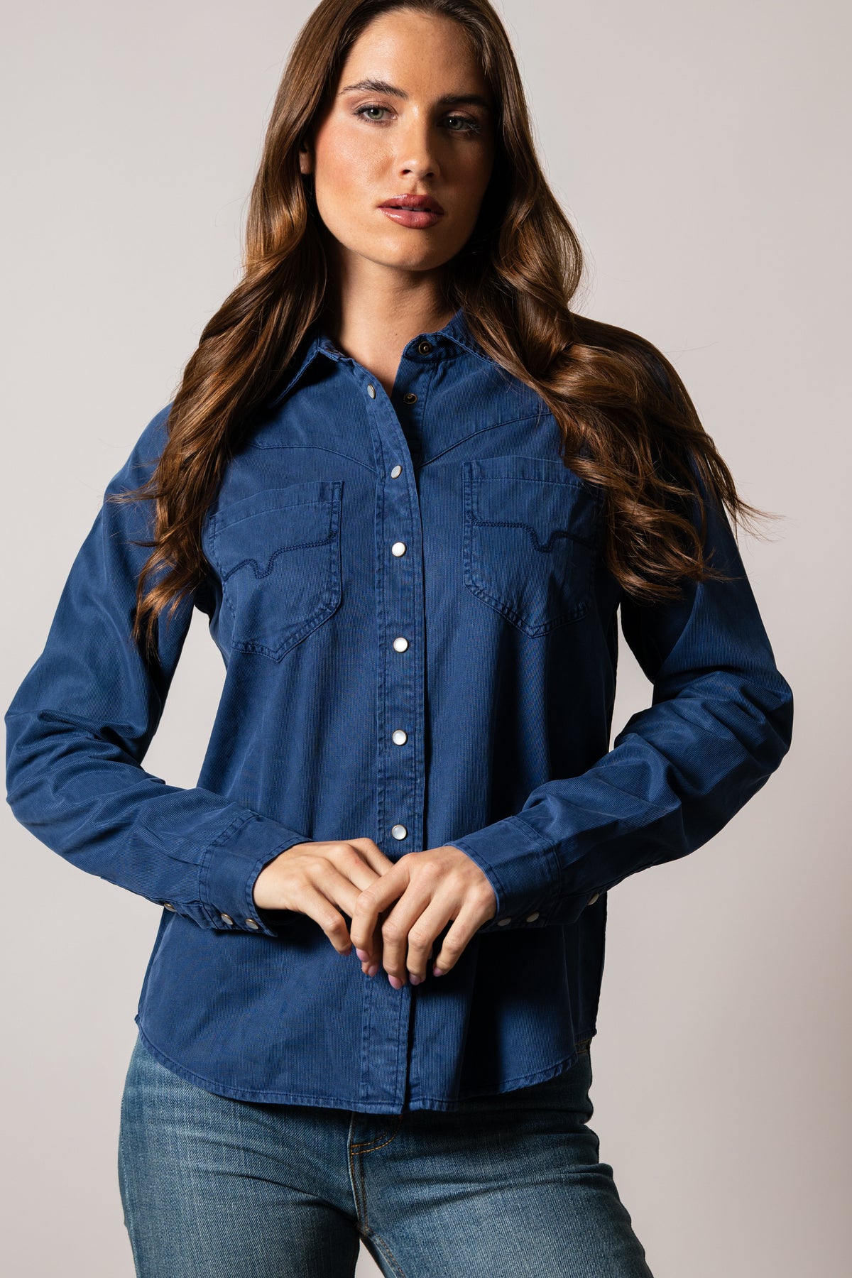 Kimes Ranch Della indigo long sleeve button-up shirt with western yoke and two chest pockets