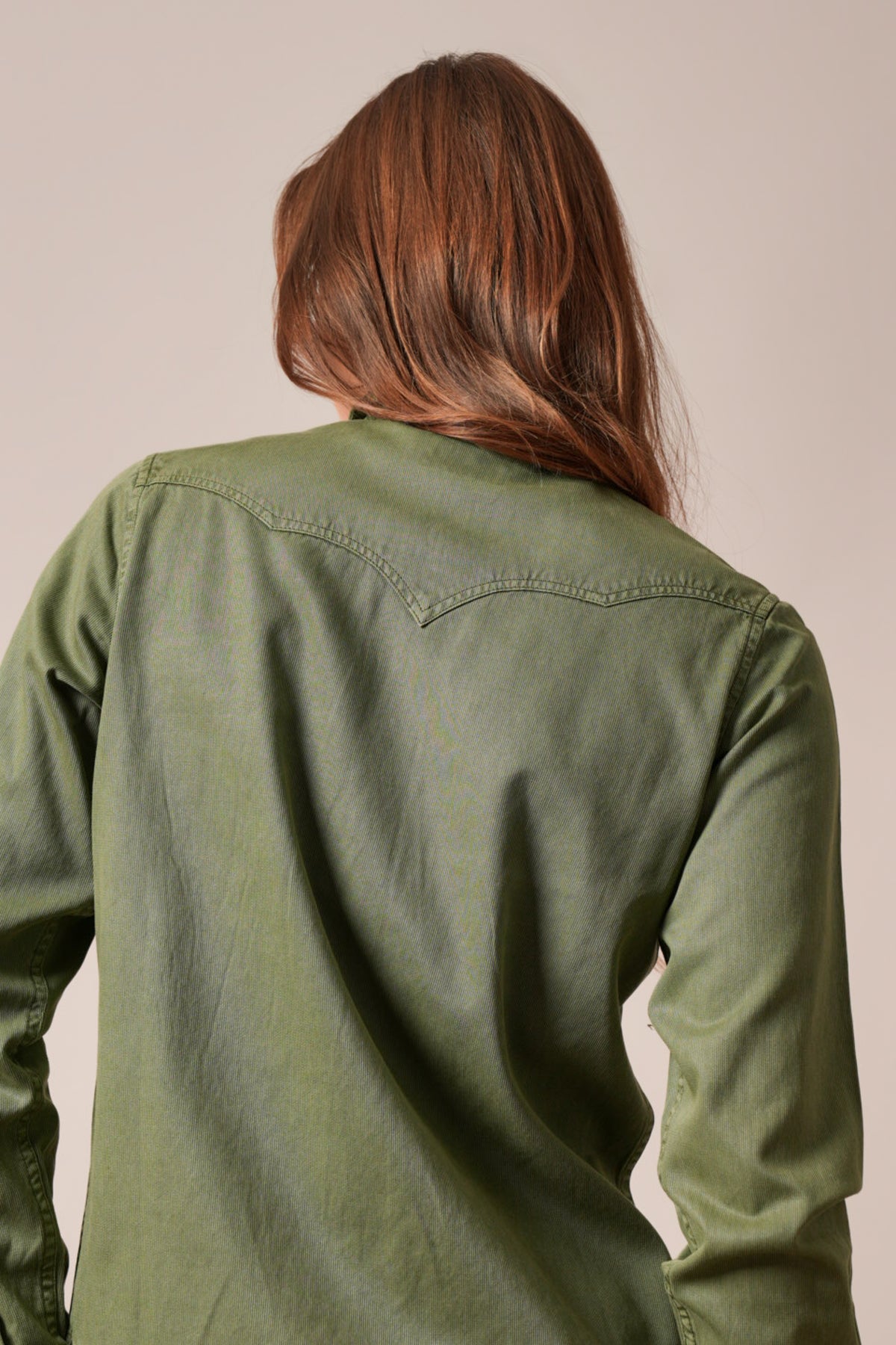 Kimes Ranch Della top, long sleeve, Moss, back view, V-shaped yoke seam