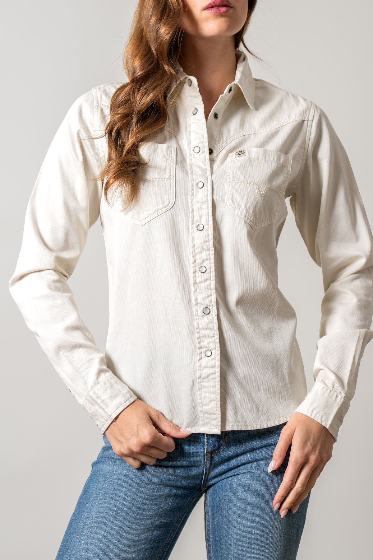 Kimes Ranch Della long sleeve button front shirt in natural with two chest pockets