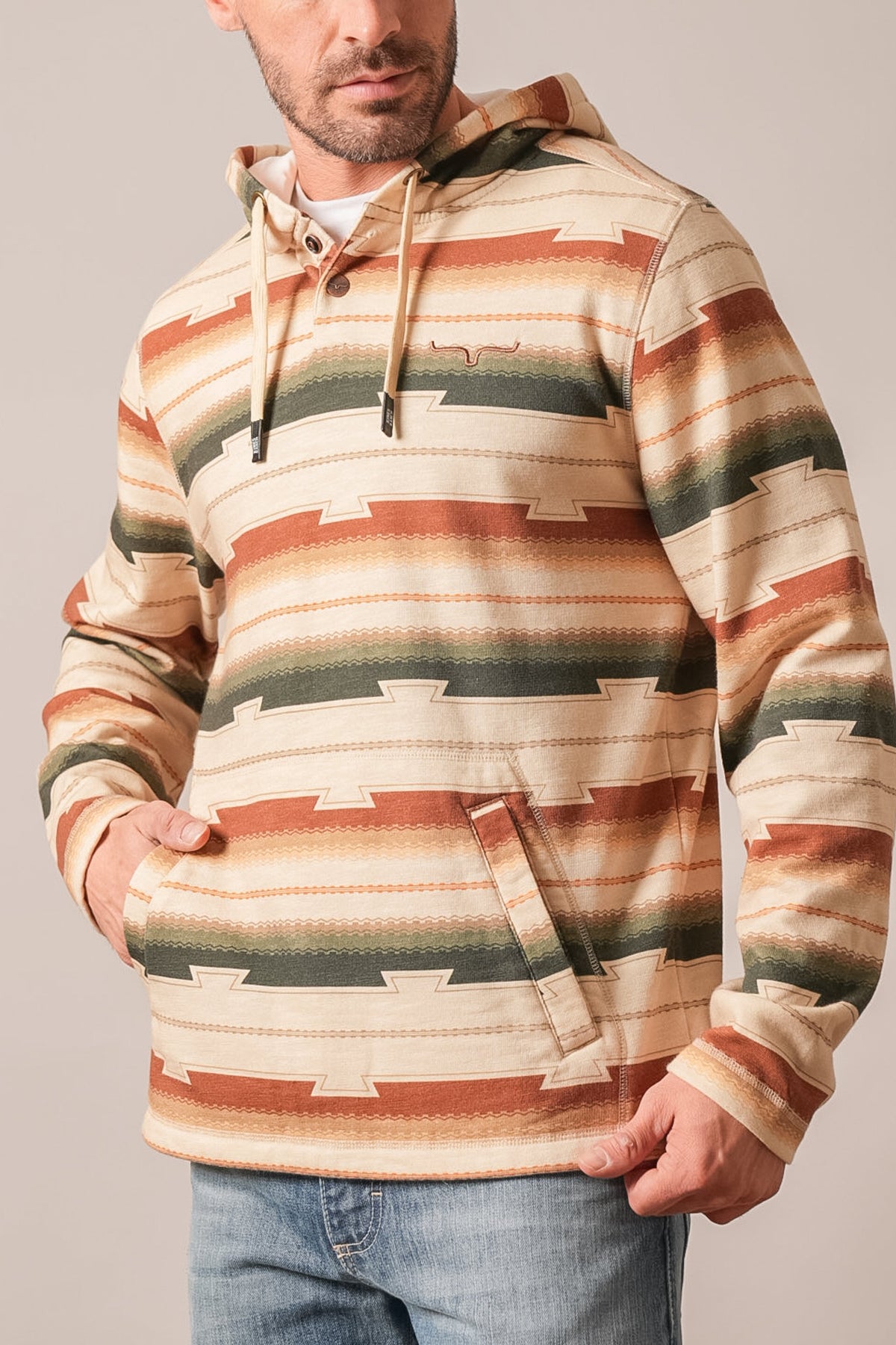 Kimes Ranch Dogwood long sleeve hoodie in natural with a geometric pattern, kangaroo pocket, and embroidered steer logo