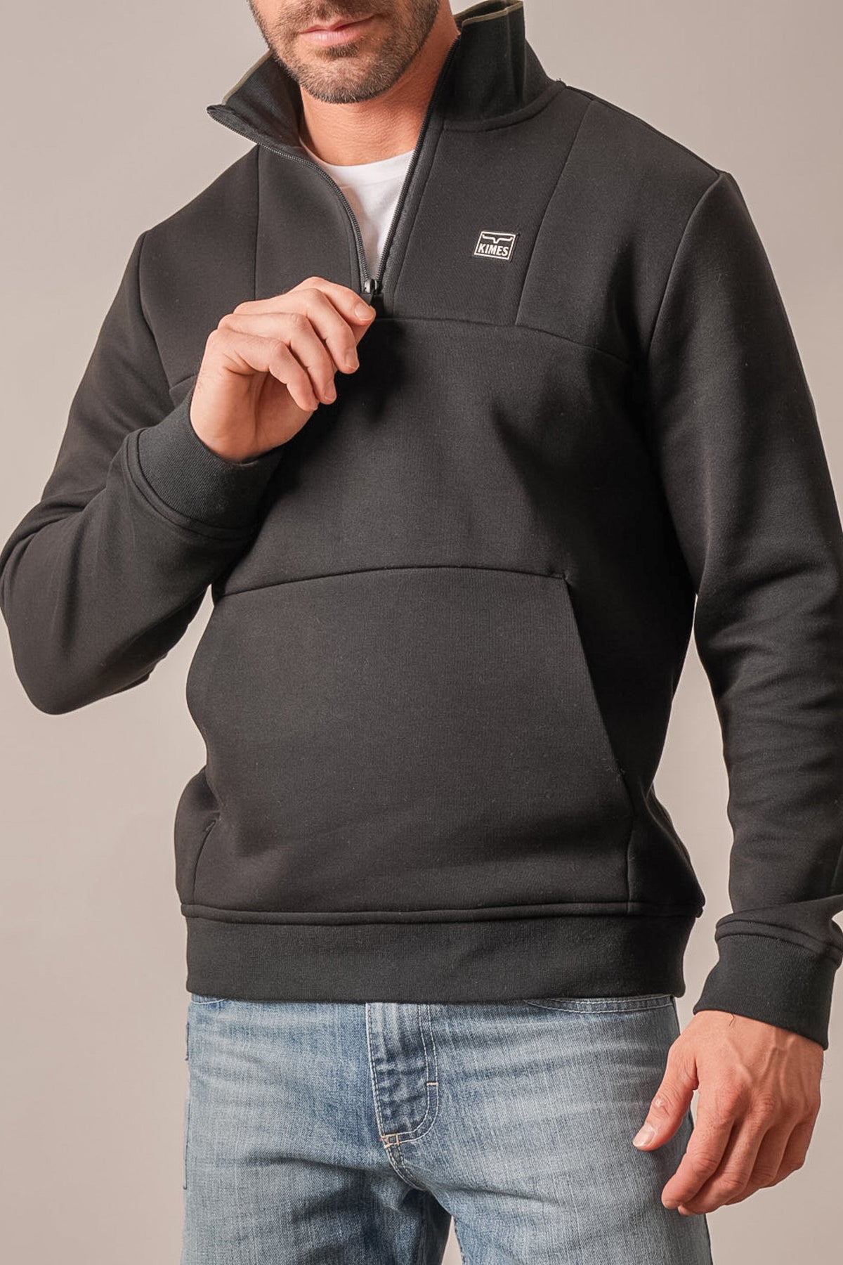 Kimes Ranch Doncast black long sleeve sweatshirt with half-zip collar and kangaroo pocket