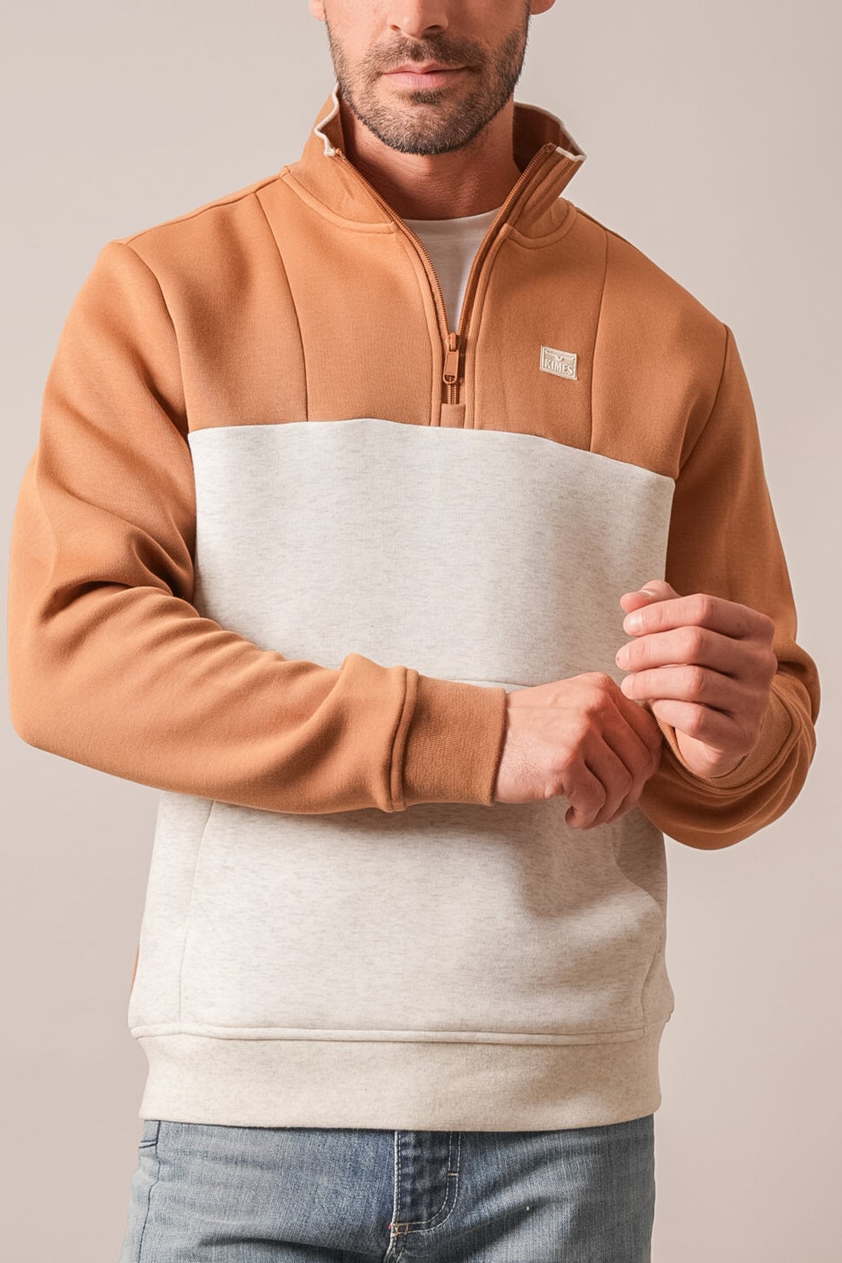 Kimes Ranch Doncast sweatshirt in Work Wear Brown with heather grey colorblock panel and quarter-zip
