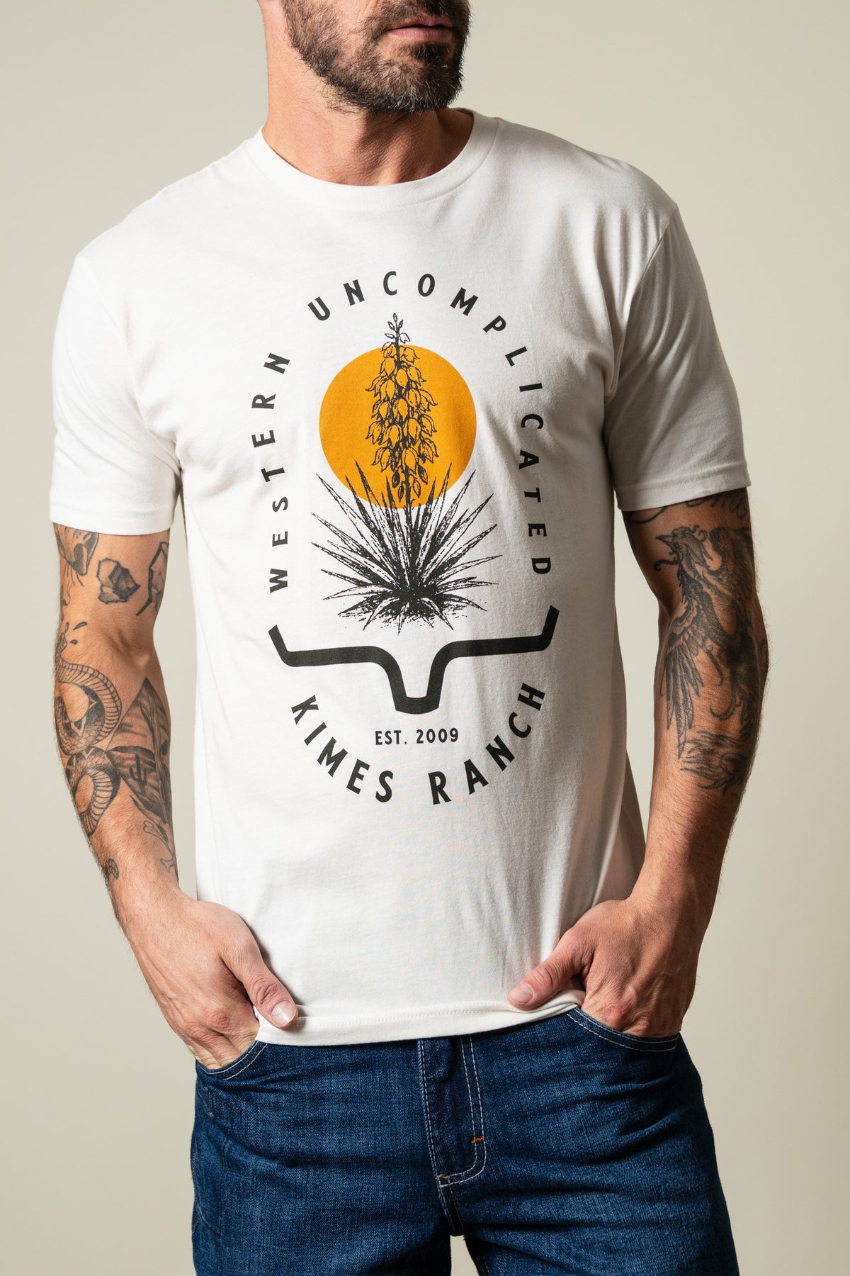 Kimes Ranch Drought Resistant shirt in Bone with Western Uncomplicated yucca plant graphic print; #color_bone