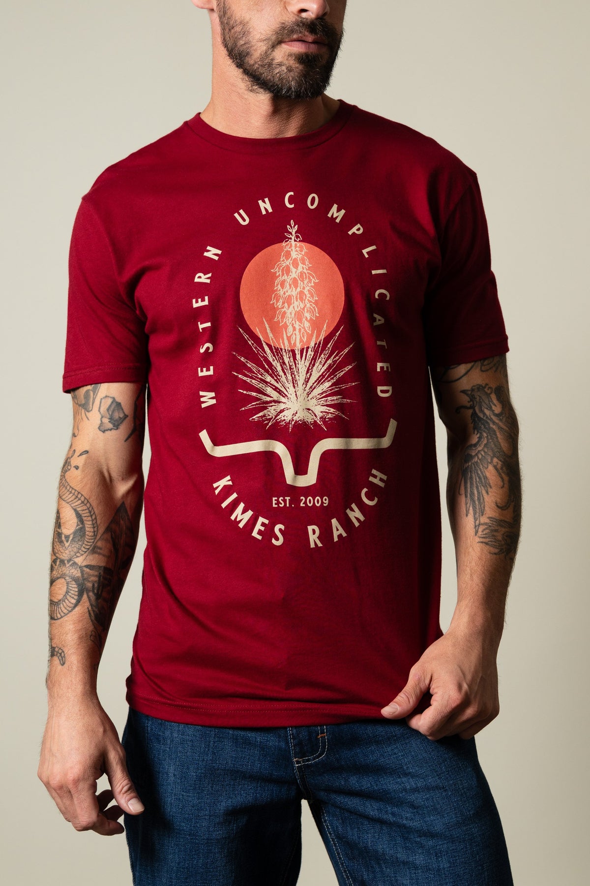Kimes Ranch Drought Resistant cardinal shirt with yucca, sun, and steer head print; #color_cardinal