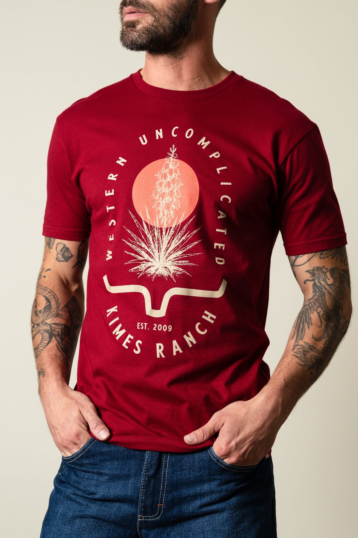 Kimes Ranch Drought Resistant t-shirt in cardinal with a yucca plant graphic; #color_cardinal