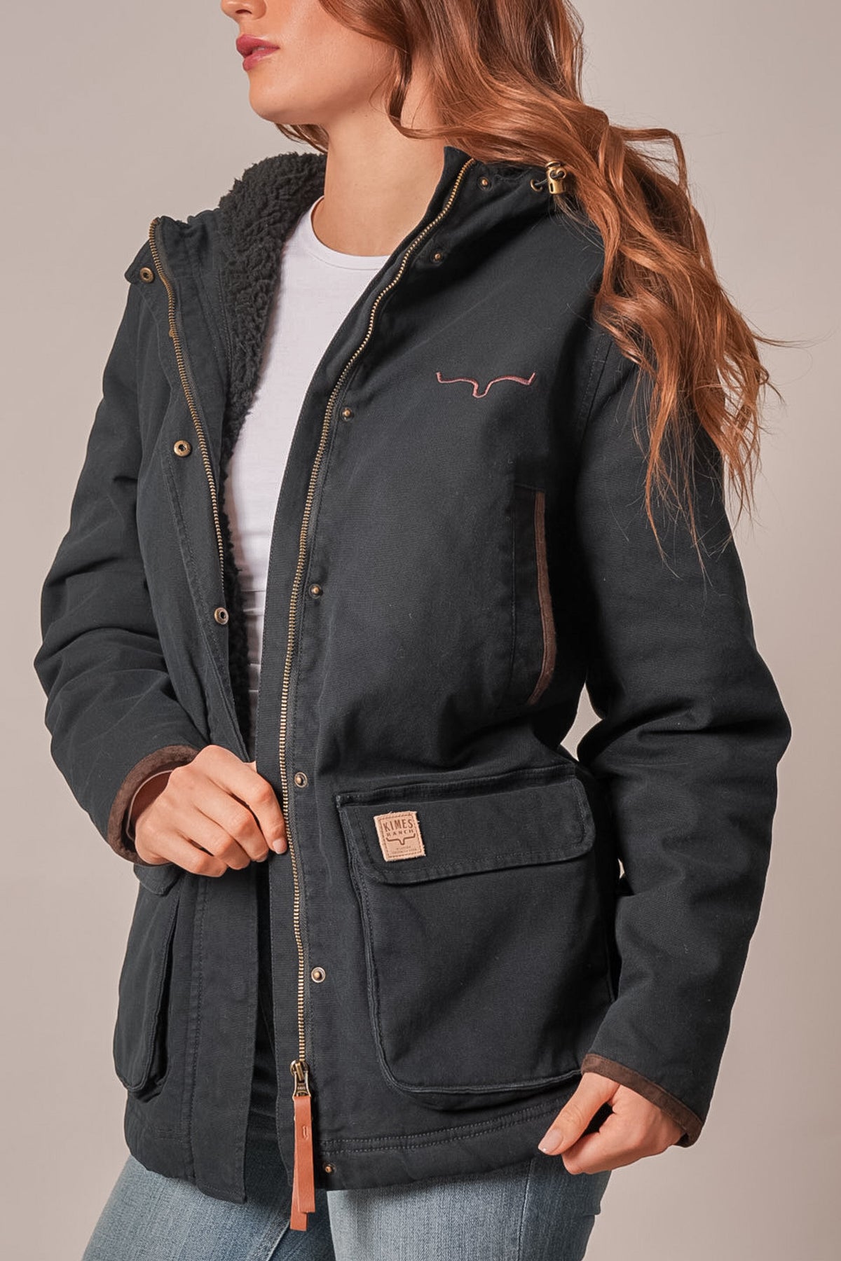 Kimes Ranch Emery jacket, long-sleeve, hooded, black with sherpa lining, logo on left chest and patch on lower right pocket