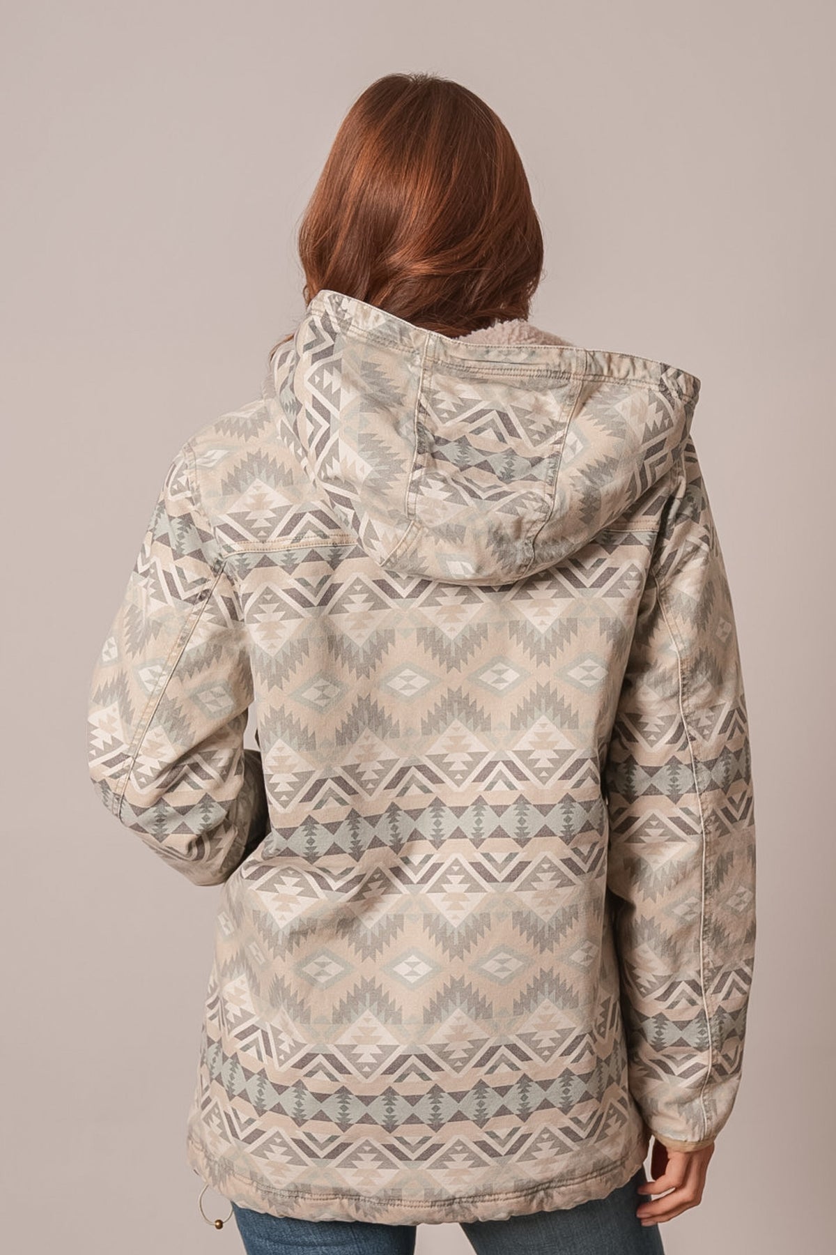 Kimes Ranch Emery sand jacket back view with aztec pattern and hood