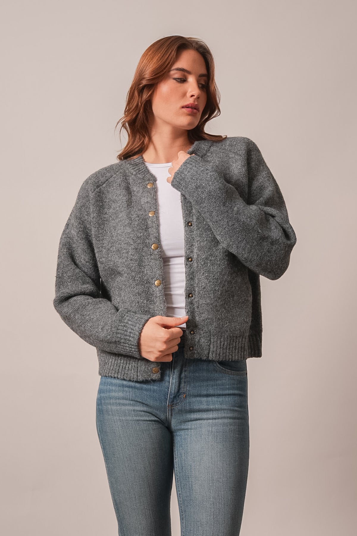 Kimes Ranch Ennis charcoal long sleeve sweatshirt with front button closure and ribbed knit details