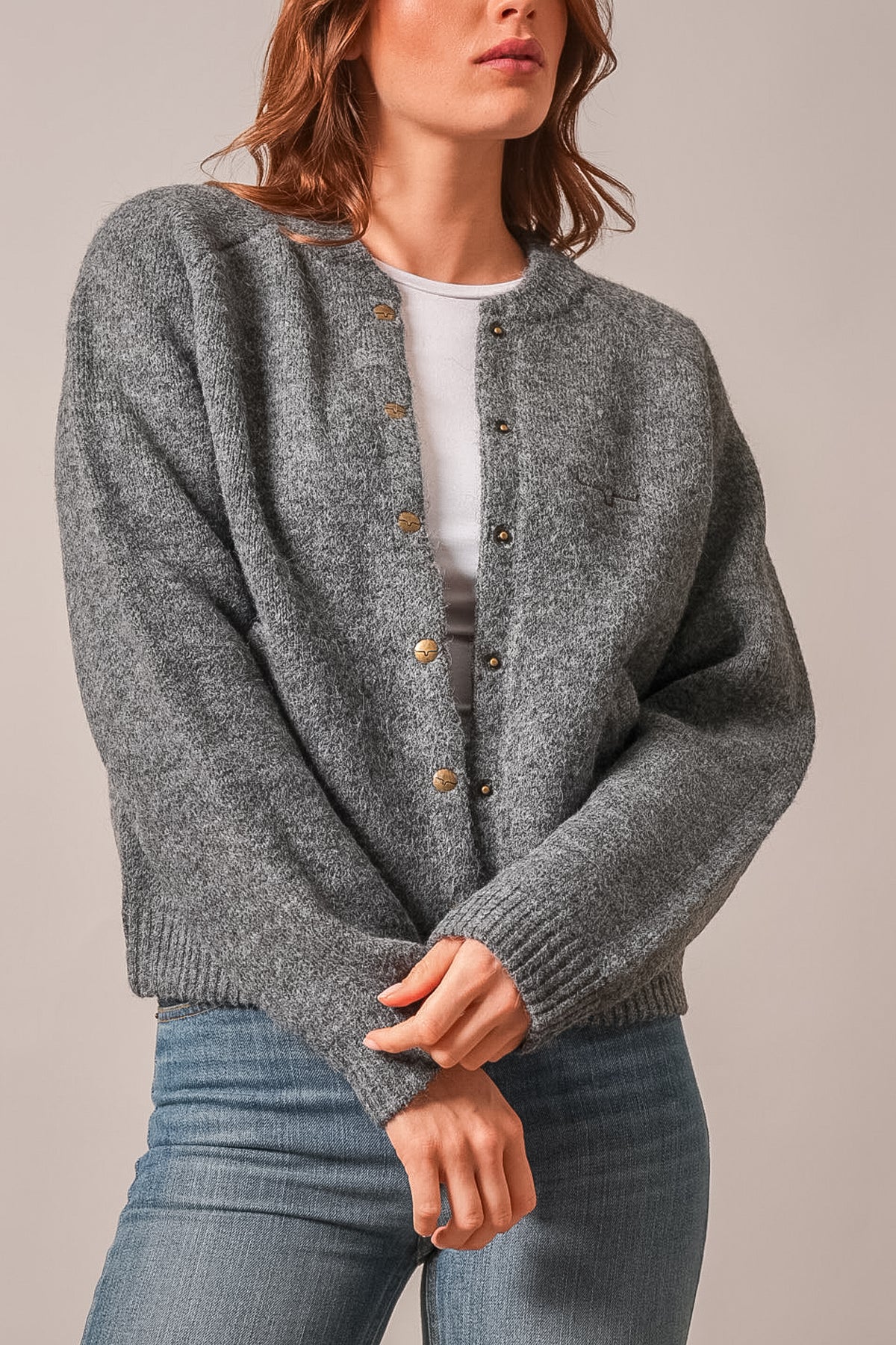Kimes Ranch Ennis charcoal sweatshirt, long sleeve cardigan with gold-tone buttons and ribbed cuffs