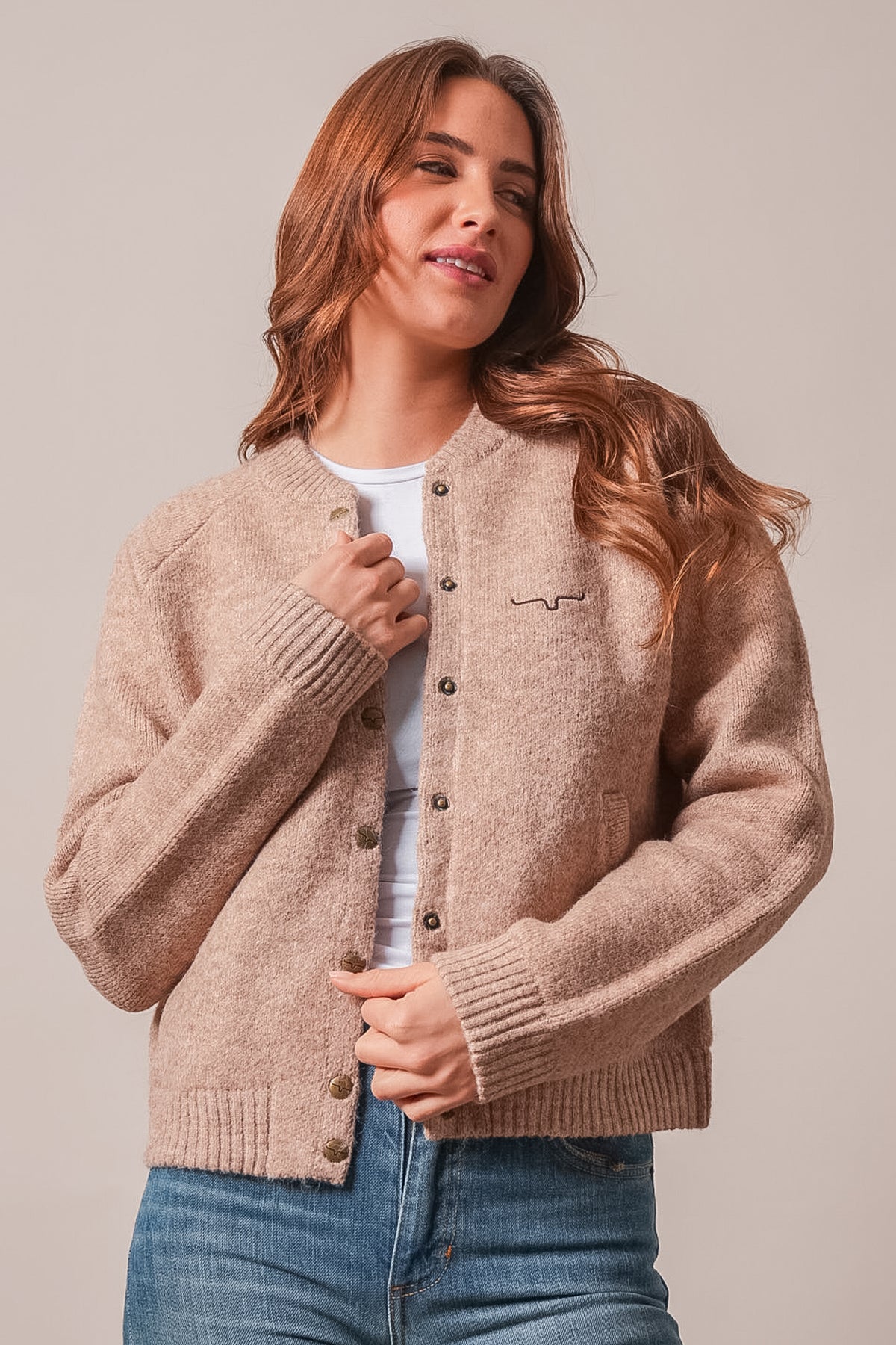 Kimes Ranch Ennis oatmeal knit cardigan with dark buttons, ribbed cuffs and hem, and embroidered logo on chest