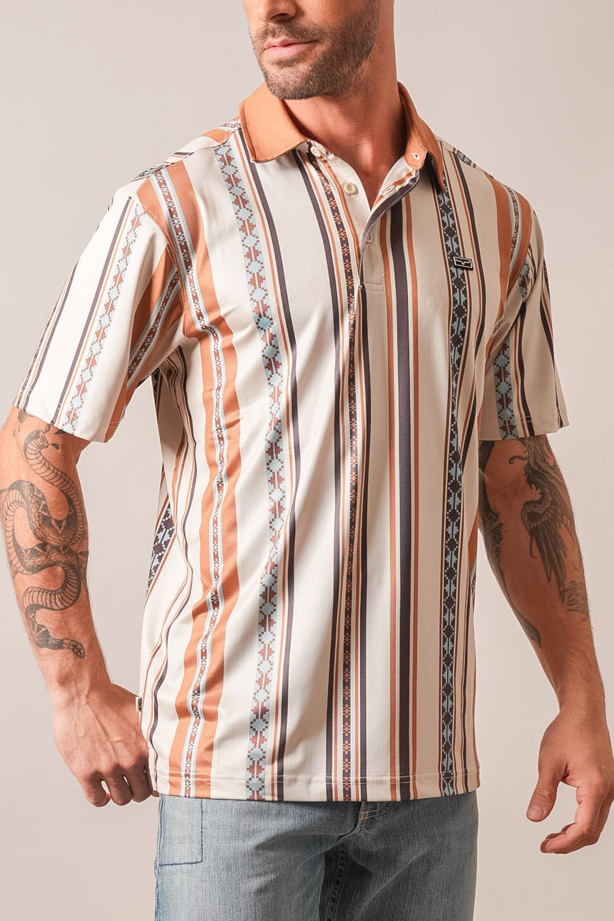 Kimes Ranch Evans polo in Natural with short sleeves, collar, vertical stripes, geometric motifs, and logo on the chest