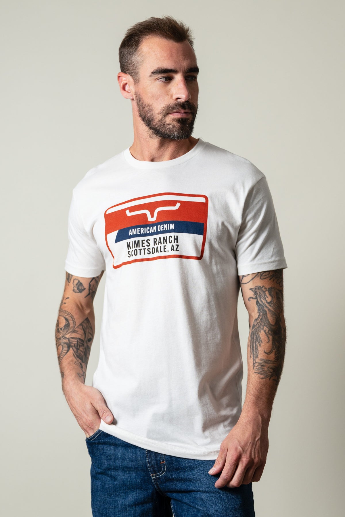 Kimes Ranch Feed Store Bone T-shirt with American Denim Scottsdale AZ; #color_bone