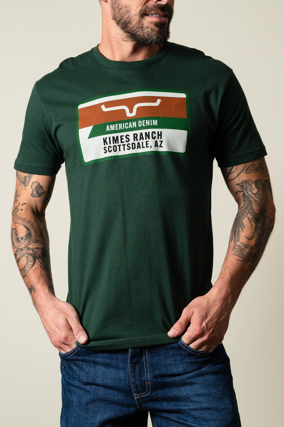 Kimes Ranch Feed Store shirt, forest, short sleeve, crew neck, featuring Kimes Ranch logo and text; #color_forest