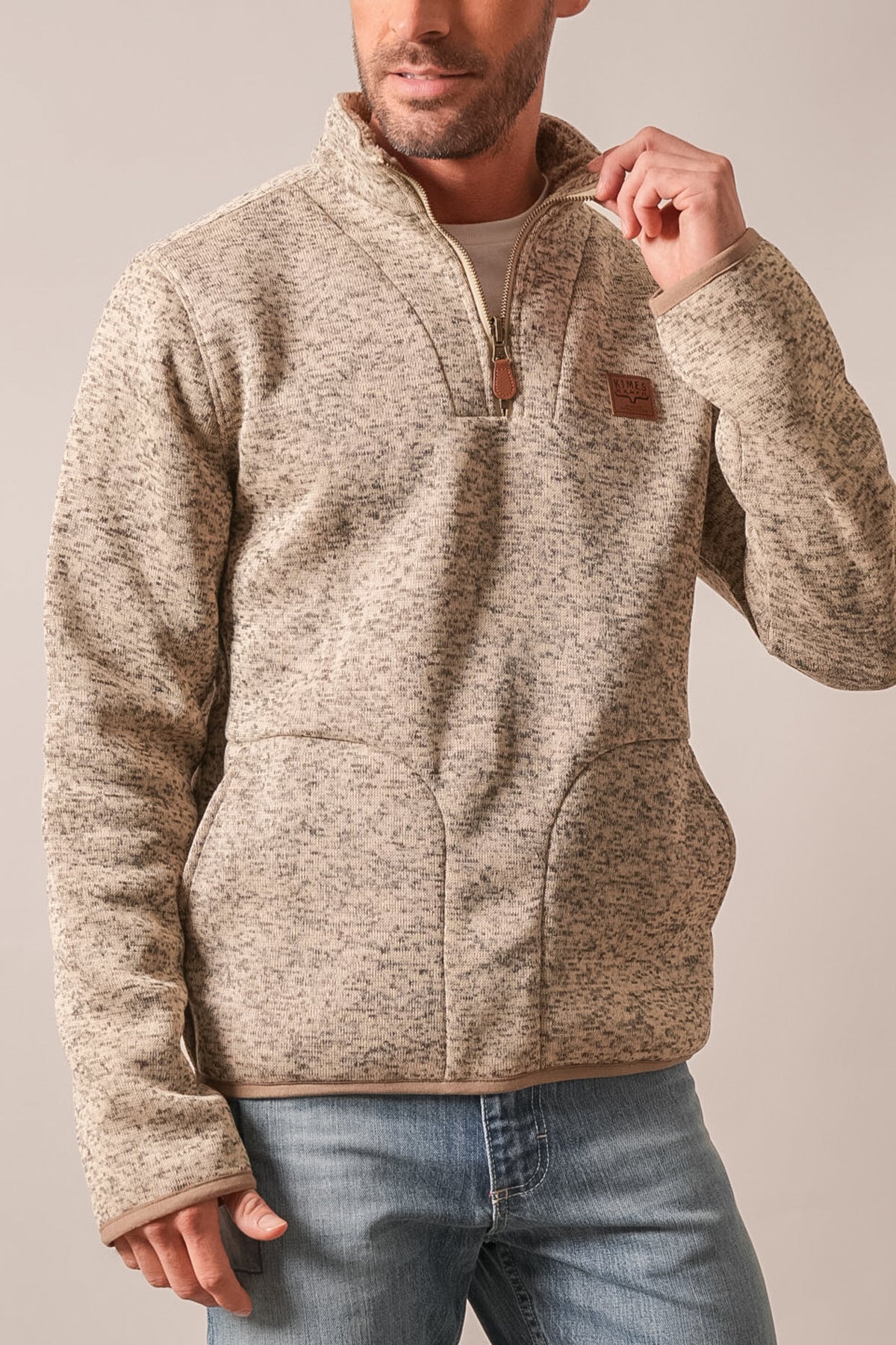Kimes Ranch Fontana sweatshirt in Natural with marled knit texture, quarter zip, long sleeves, and front kangaroo pocket