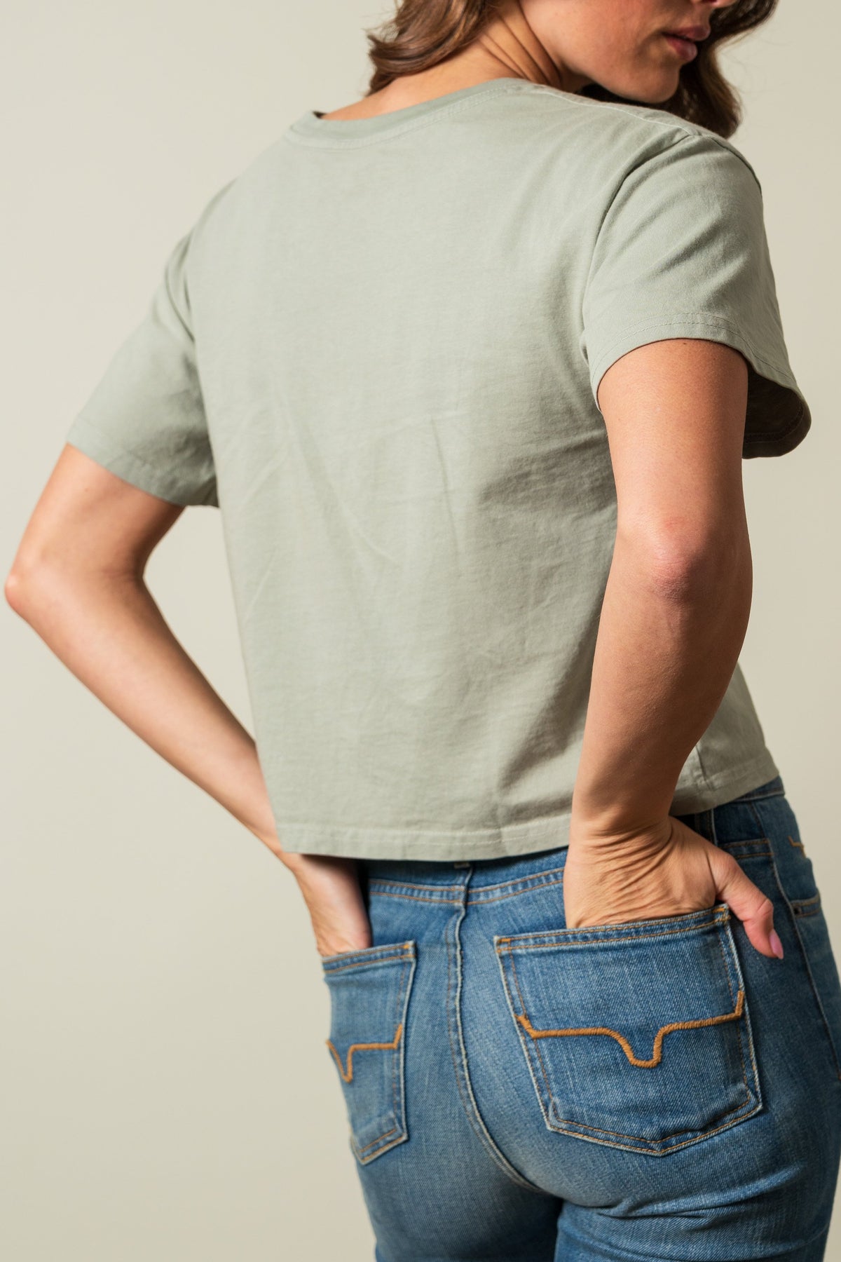 Kimes Ranch Go West shirt, sage, short sleeve, crewneck back view, visible arm; #color_sage
