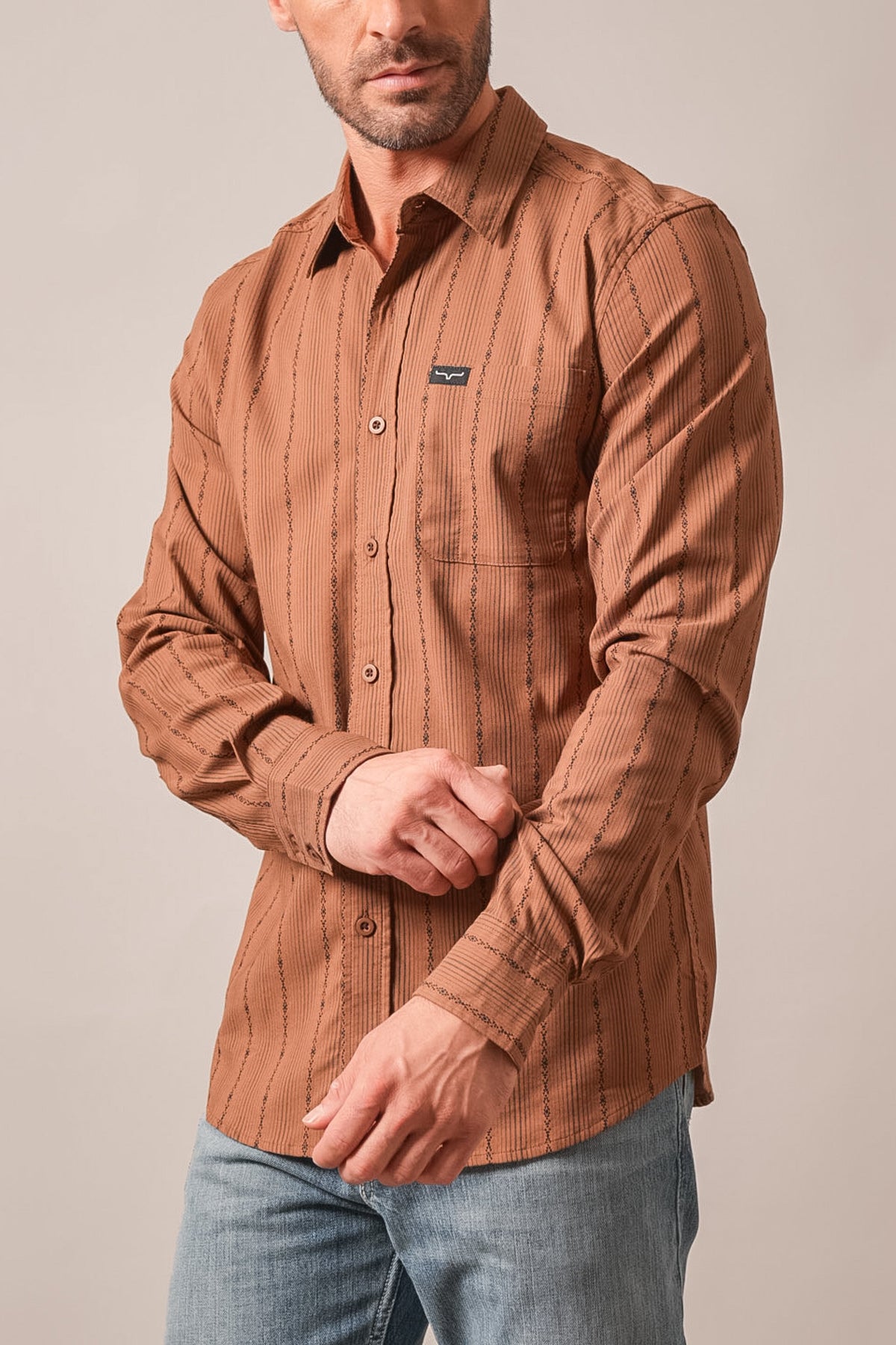 Kimes Ranch Hanover long sleeve button-down dress shirt in brown with vertical stitched lines and chest pocket
